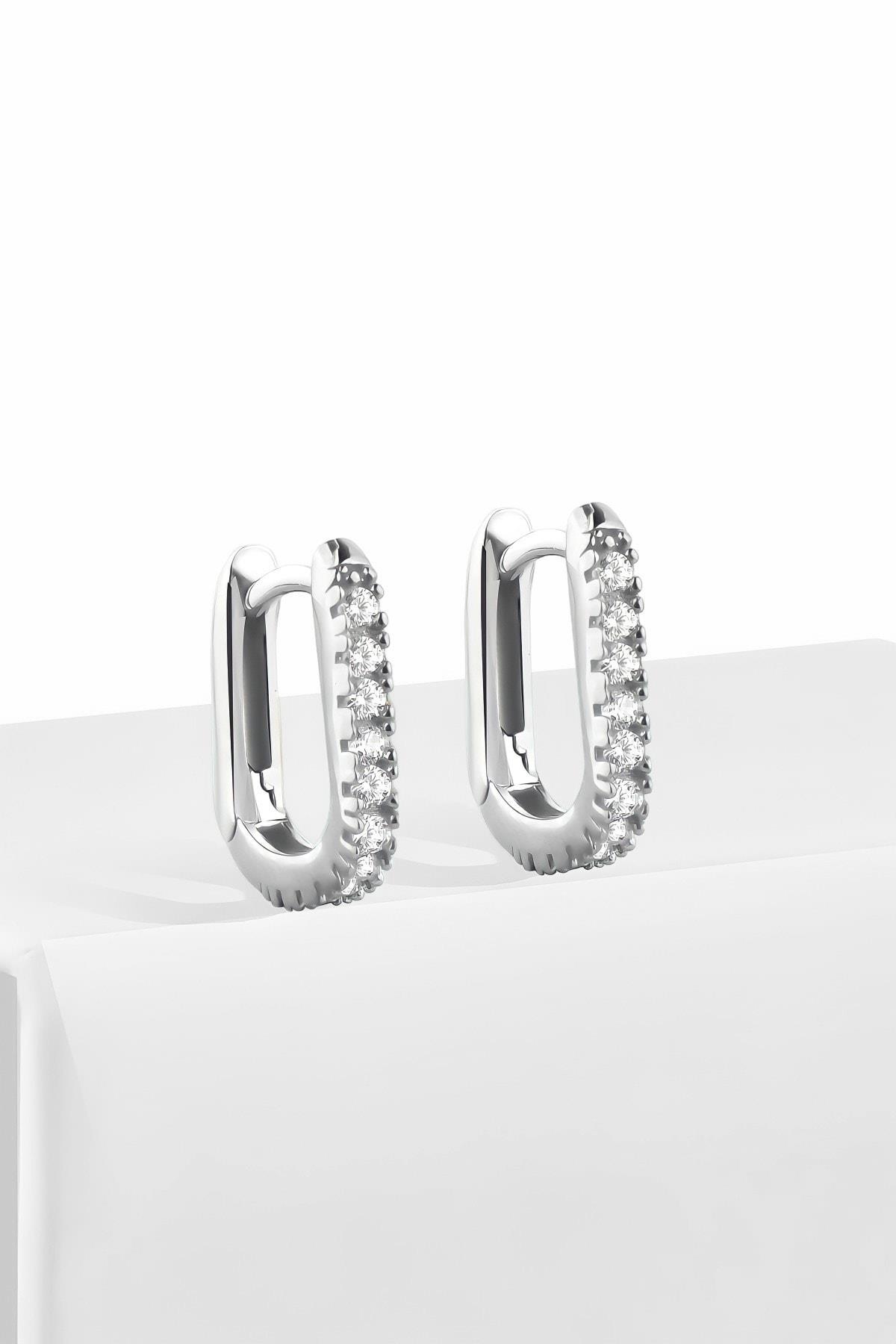 Gümüş 1.4 cm Zirkon Taşlı U Model Gold Küpe