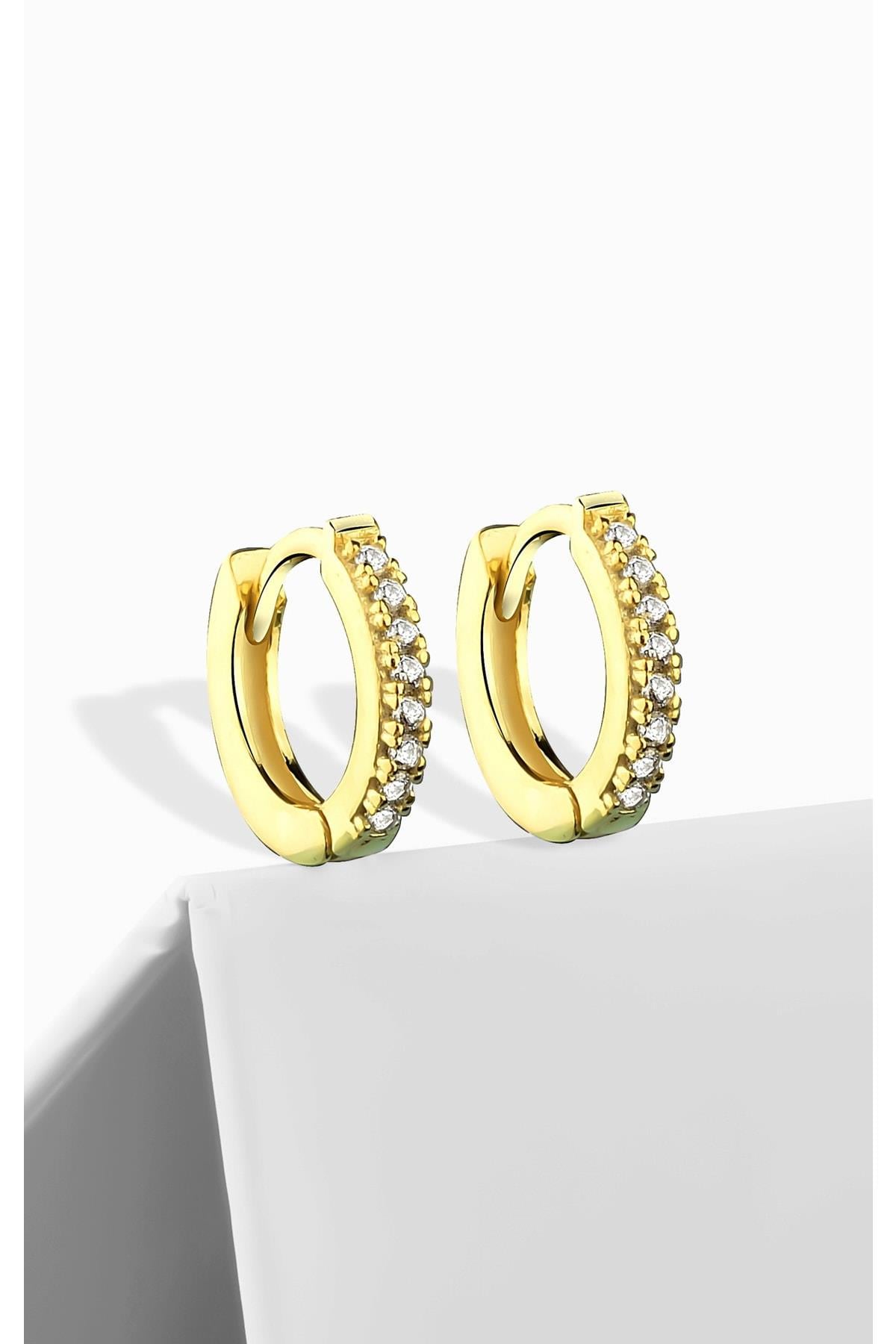 Gümüş 12 mm zirkon taşlı halka gold küpe