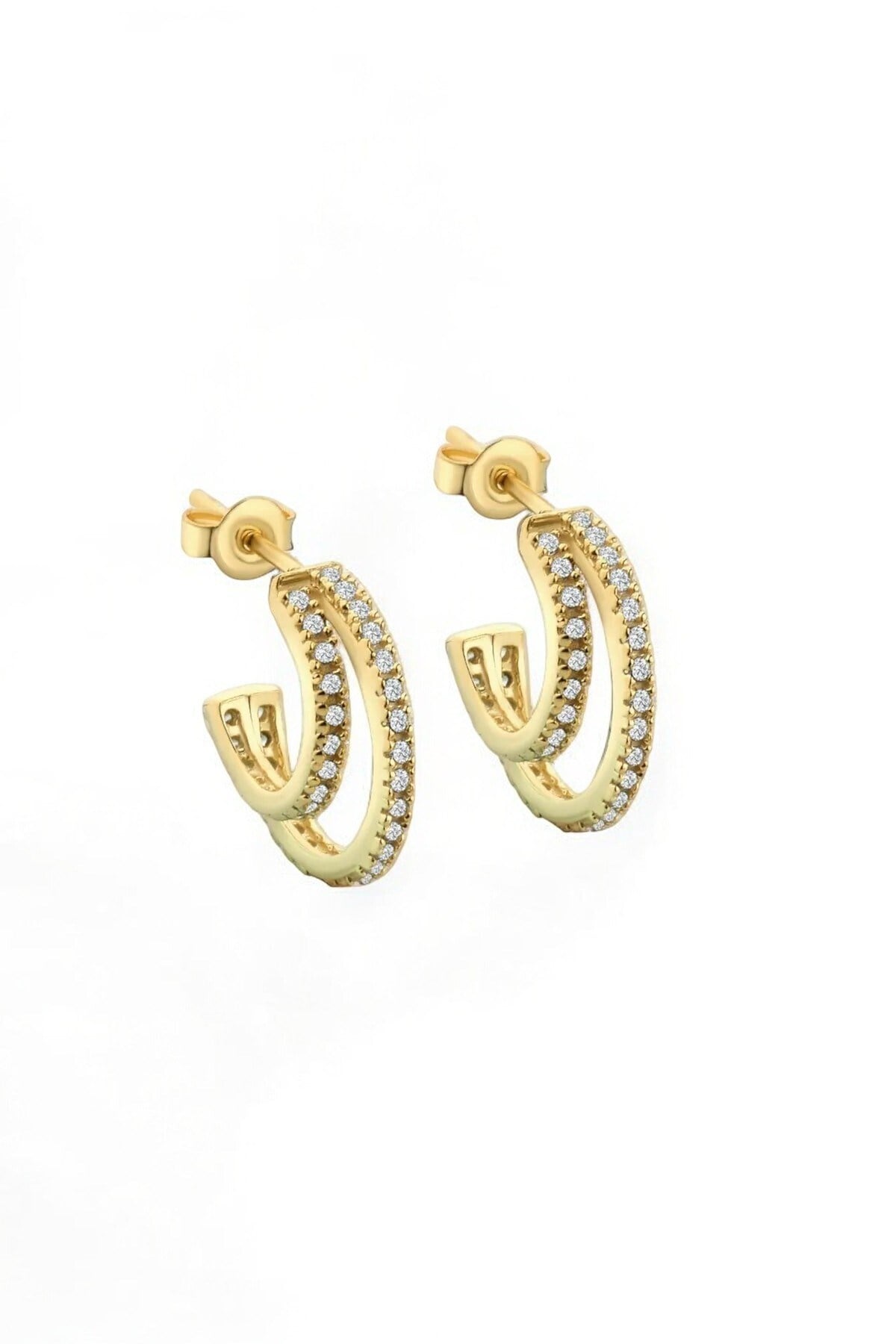 Gümüş 925 Ayar 1.5 Cm Çift Halka Zirkon Taşlı Gold Küpe