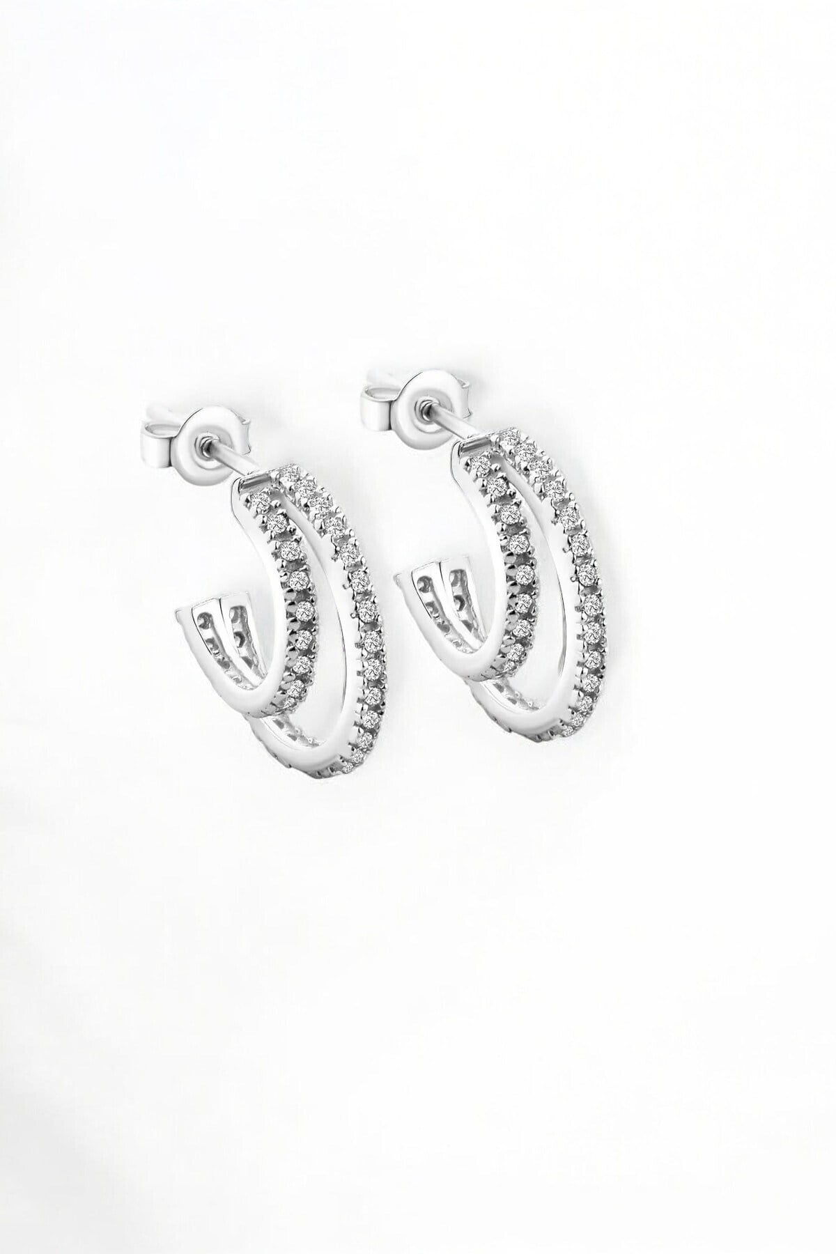 Gümüş 925 Ayar 1.5 Cm Çift Halka Zirkon Taşlı Küpe