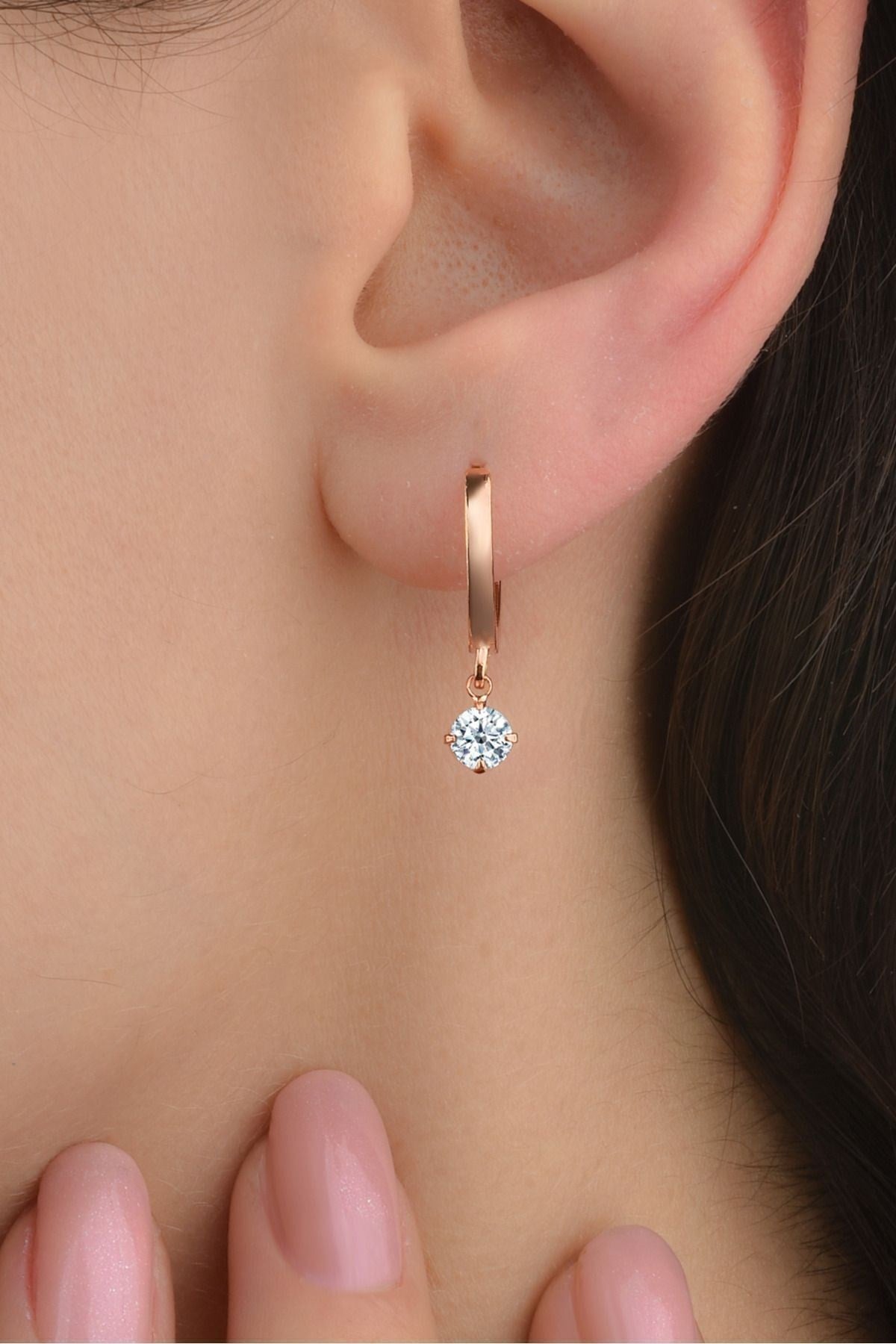 Gümüş 925 Ayar 14 Mm Zirkon Tek Taşlı Model Halka Rose Küpe