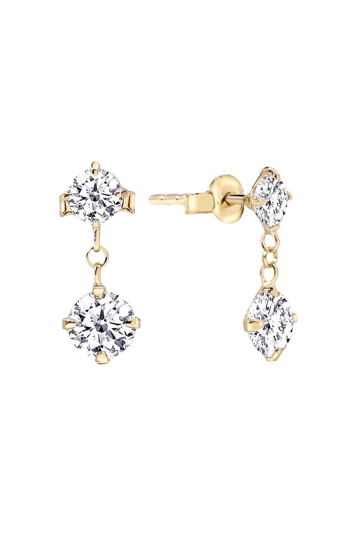 Gümüş 925 Ayar 4-5 Mm Premium Star Kesim Zirkon Taşlı Zincirli Gold Küpe