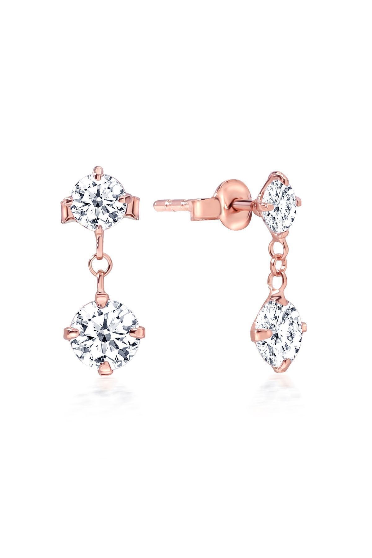 Gümüş 925 Ayar 4-5 Mm Premium Star Kesim Zirkon Taşlı Zincirli Rose Küpe