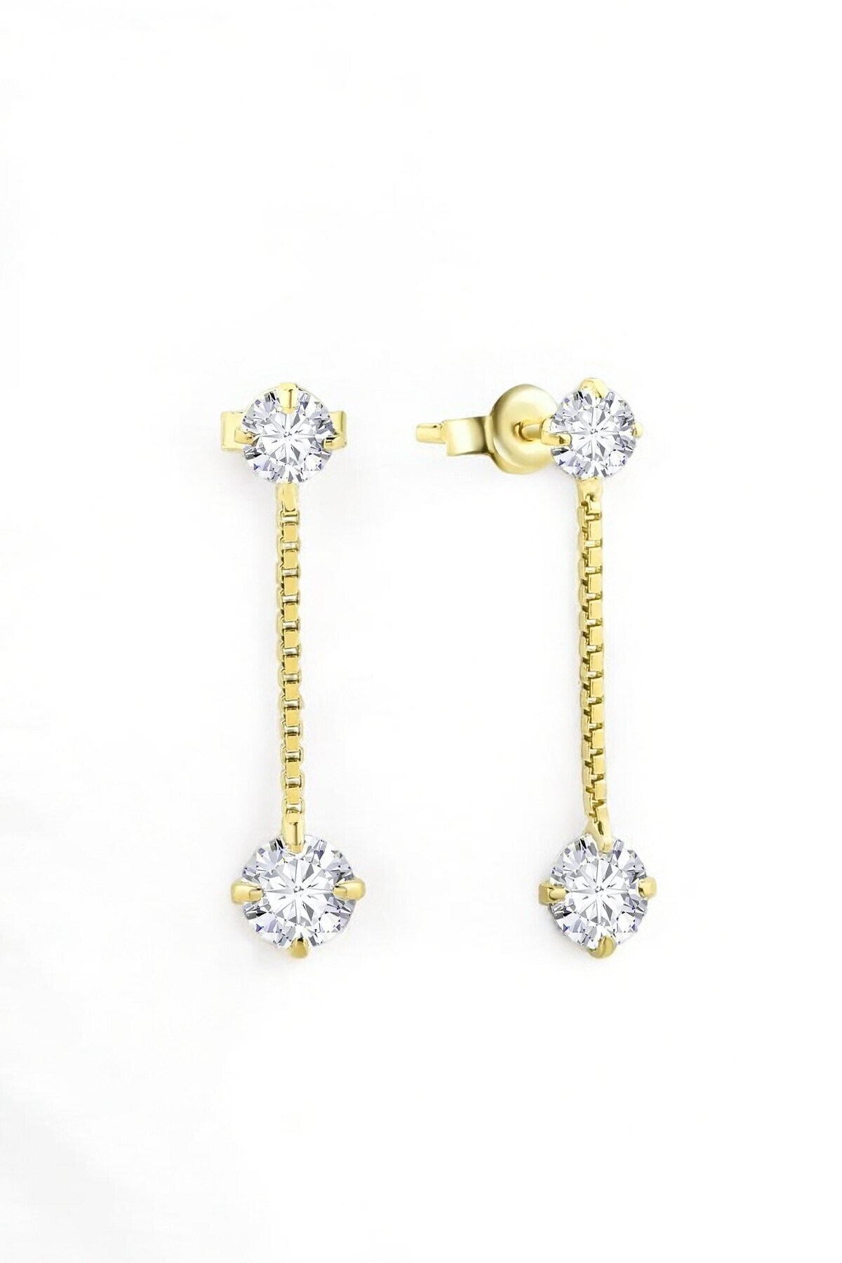 Gümüş 925 Ayar 4 Mm 5 Mm Zincirli Premium Star Kesim Zirkon Taşlı Gold Küpe