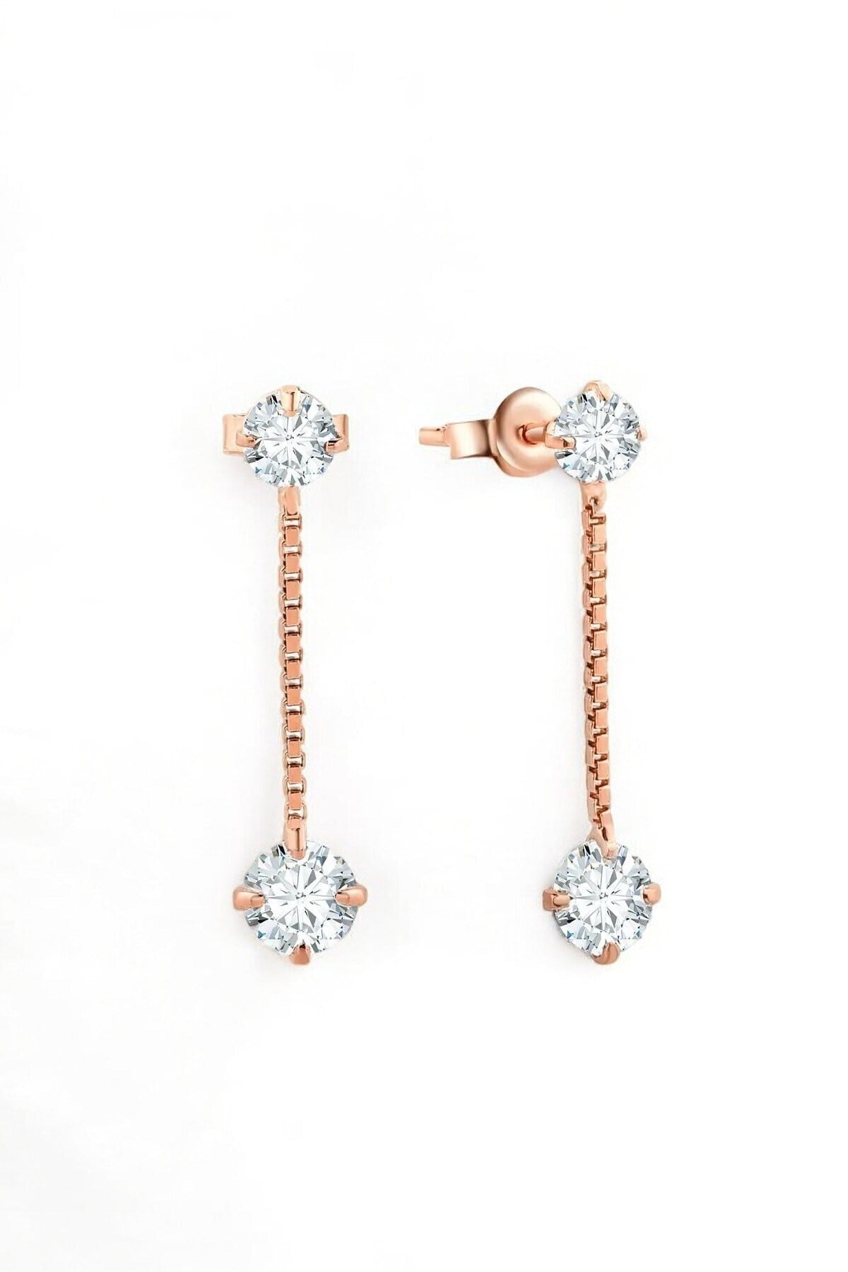 Gümüş 925 Ayar 4 Mm 5 Mm Zincirli Premium Star Kesim Zirkon Taşlı Rose Küpe