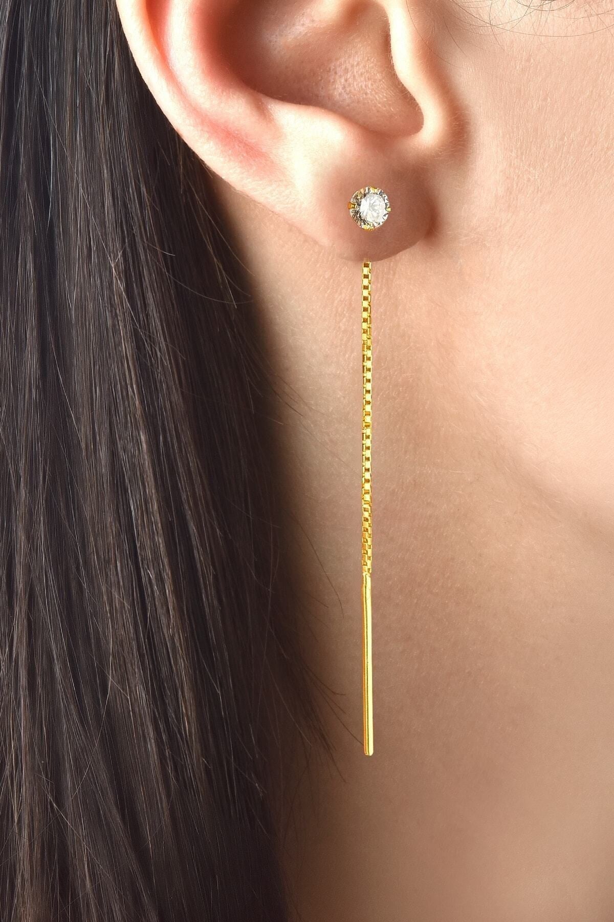 Gümüş 925 Ayar 4 Mm Gold Premium Star Kesim Zirkon Taş Salma Zincir Çiftli Küpe