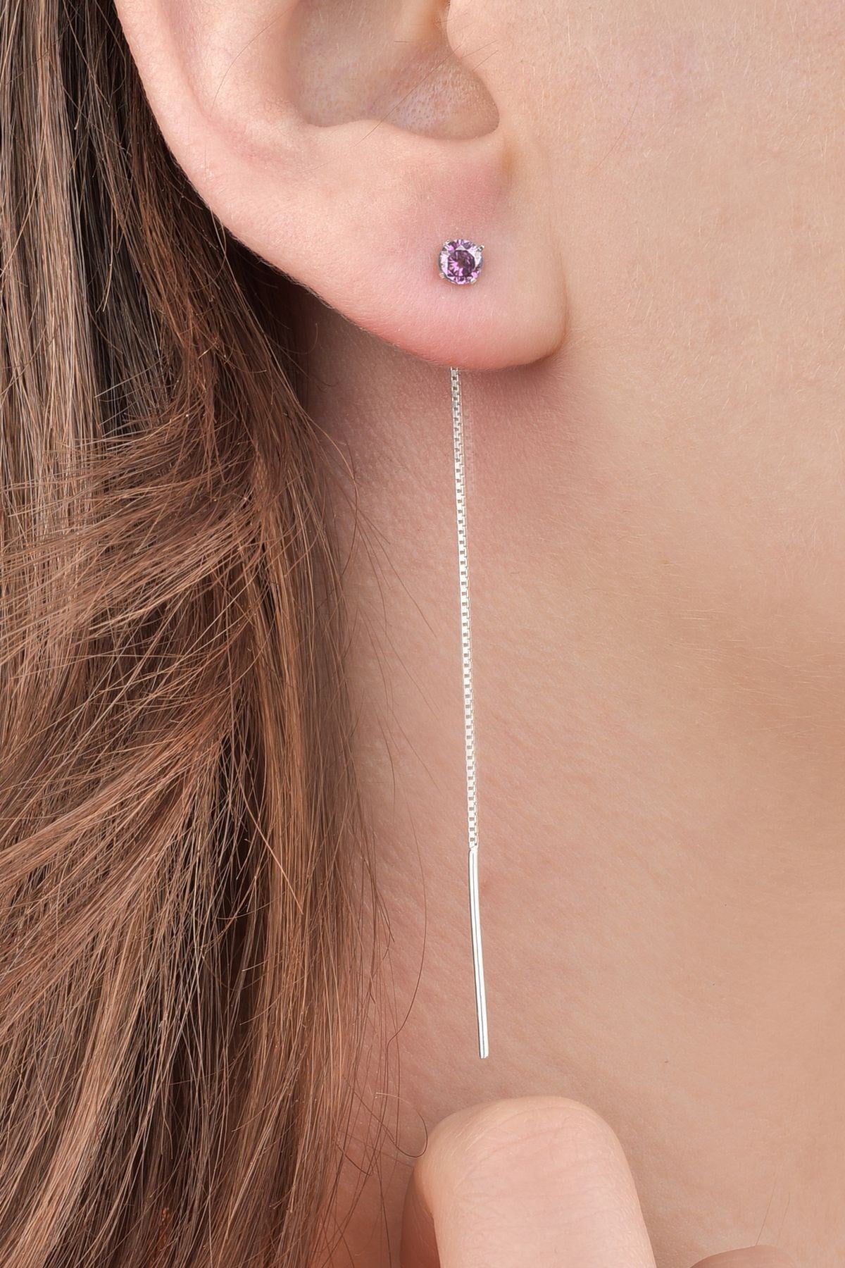 Gümüş 925 Ayar 4 Mm Zirkon Pembe Tek Taş Tekli Zincir Çiftli Küpe