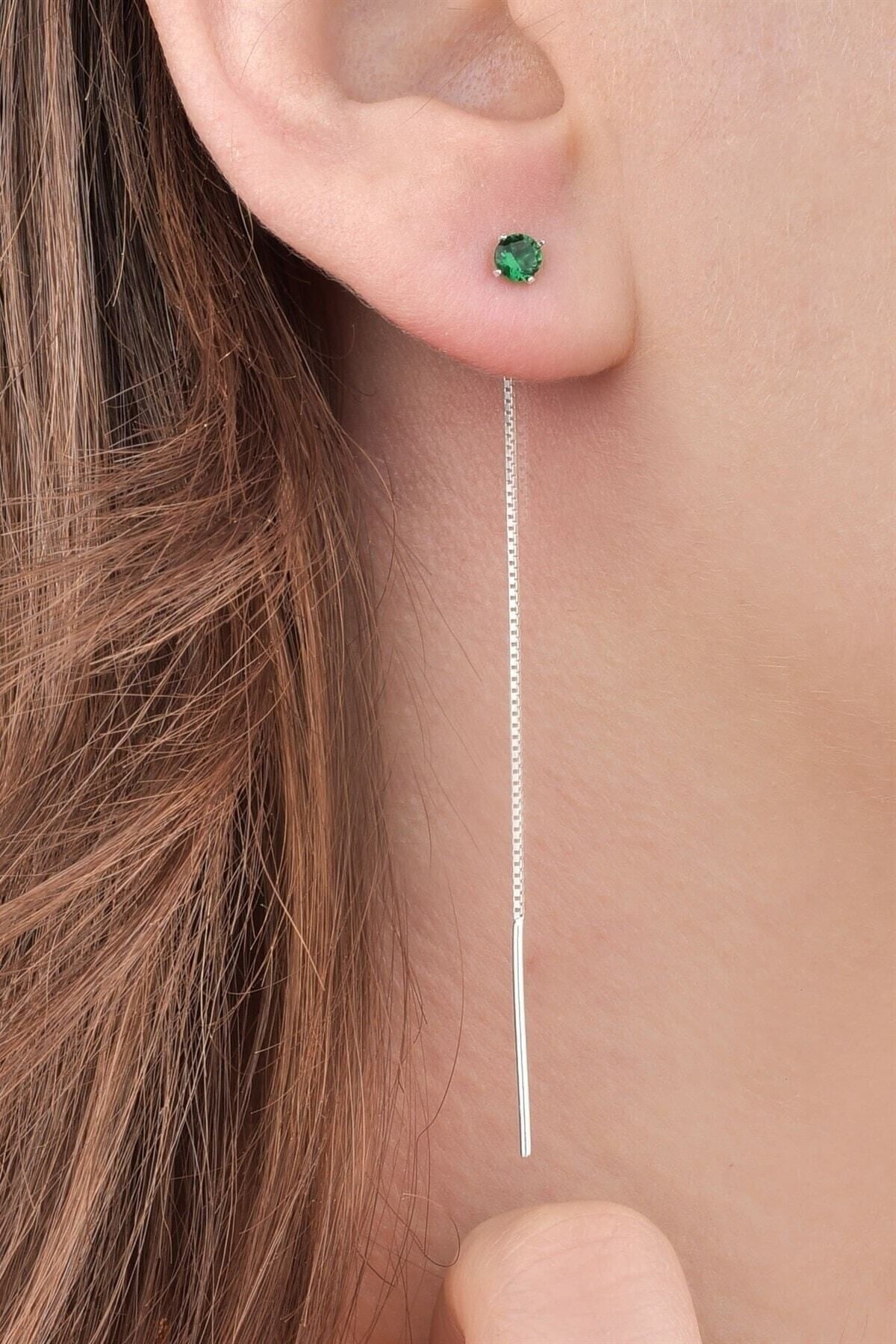 Gümüş 925 Ayar 4 Mm Zirkon Tek Taş Zincir Çiftli Küpe