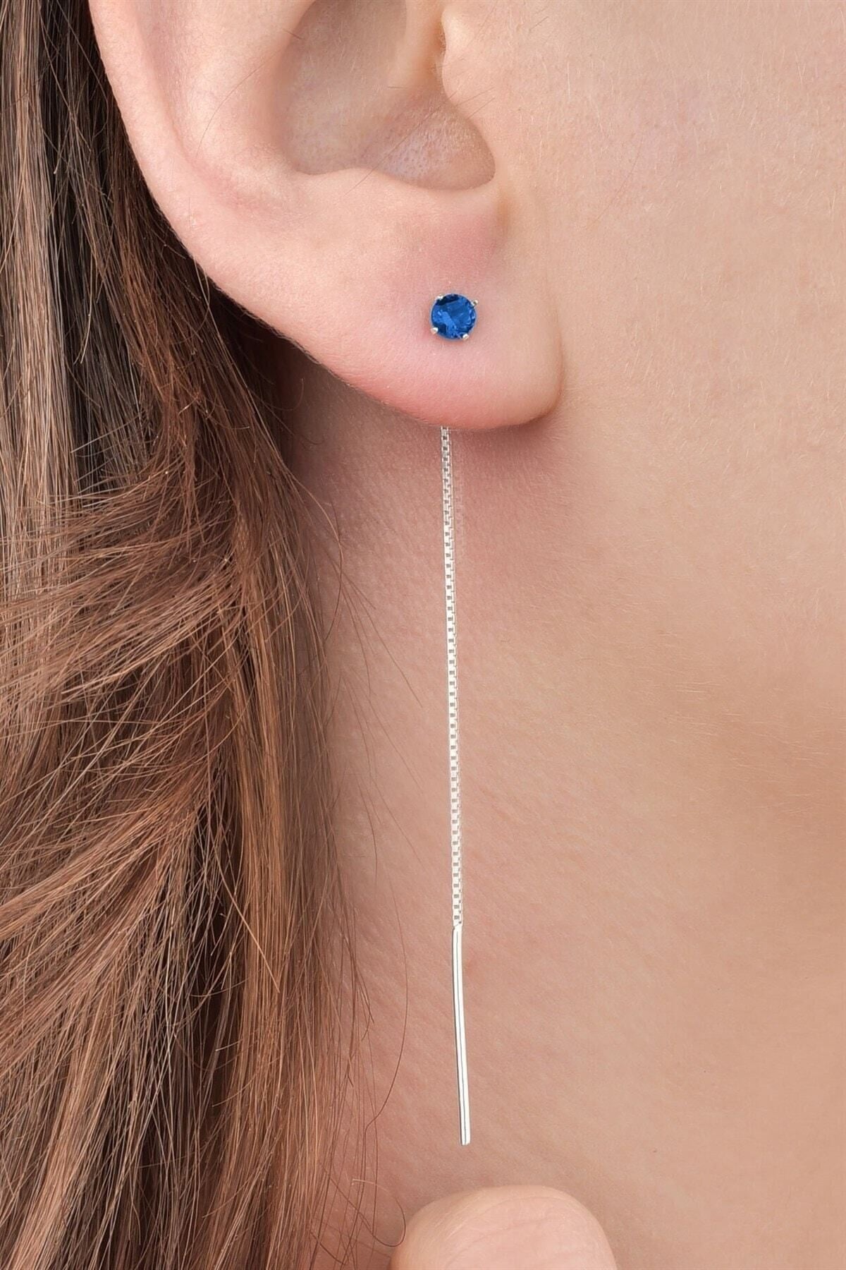 Gümüş 925 Ayar 4 Mm Zirkon Tek Taş Zincir Çiftli Küpe