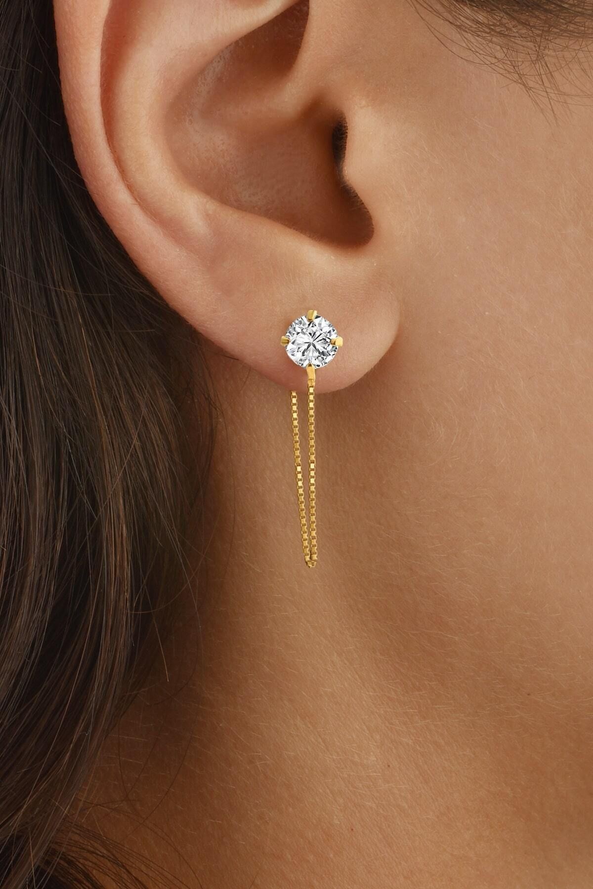 Gümüş 925 Ayar 5 Mm Küp Zincirli Gold Küpe