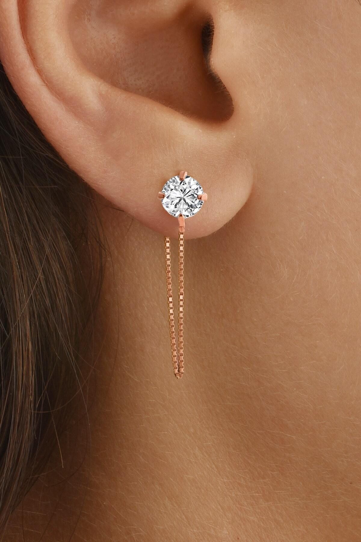 Gümüş 925 Ayar 5 Mm Küp Zincirli Rose Küpe