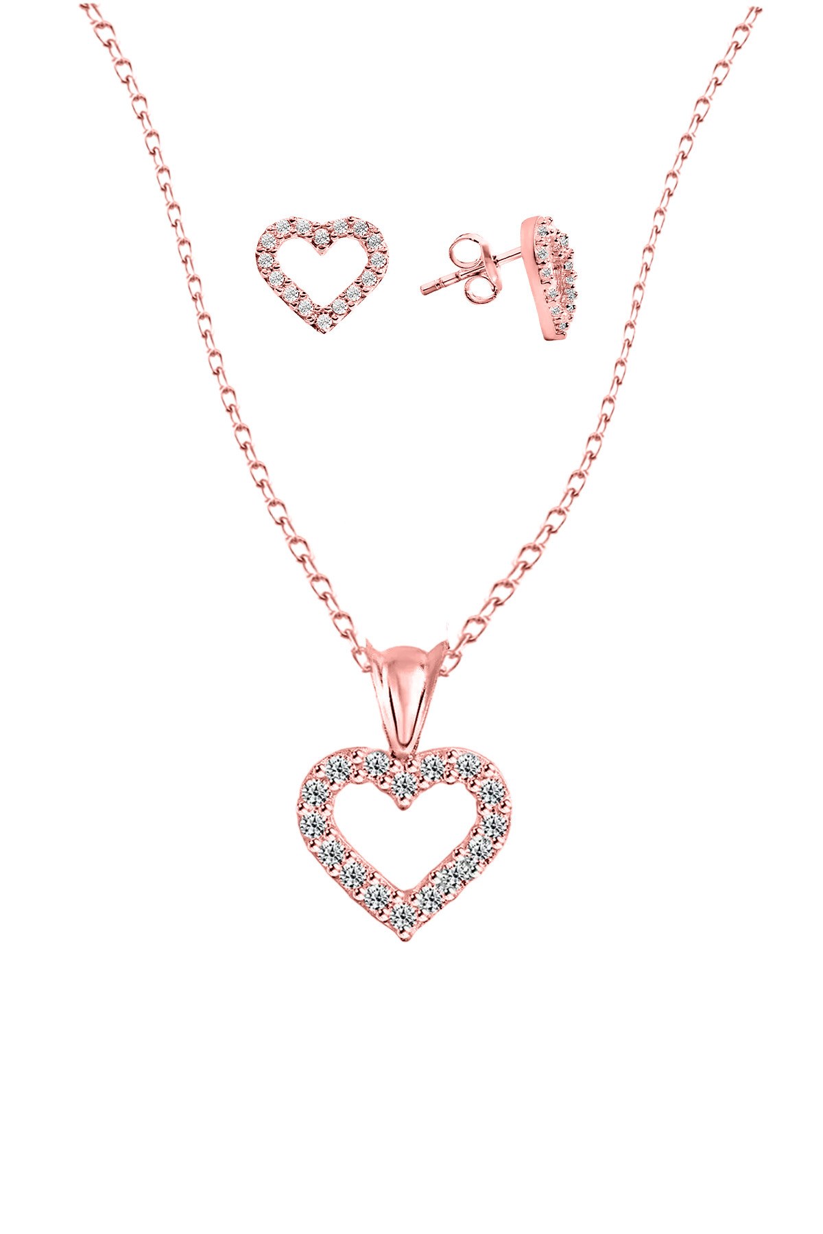 Gümüş 925 Ayar 6*6 Mm Premium Star Kesim Zirkon Taşlı Kalpli Rose İkili Set