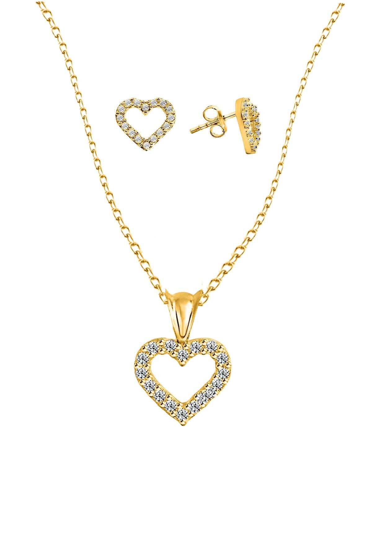Gümüş 925 Ayar 6*6 Mm Premium Star Kesim Zirkon Taşlı Kalpli Gold İkili Set