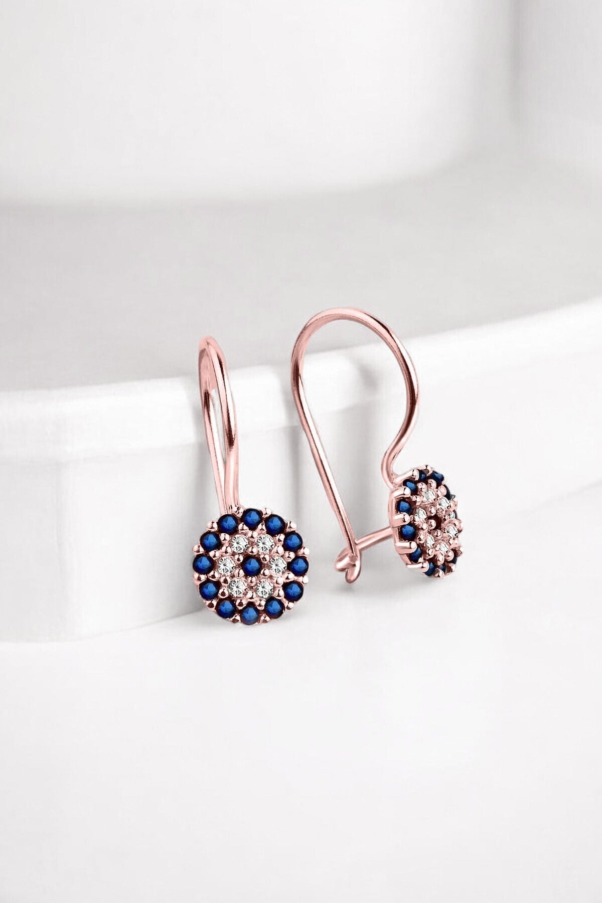 Gümüş 925 Ayar 7 Mm Mengeçli Safir Taşlı Çocuk Nazar Rose Küpe