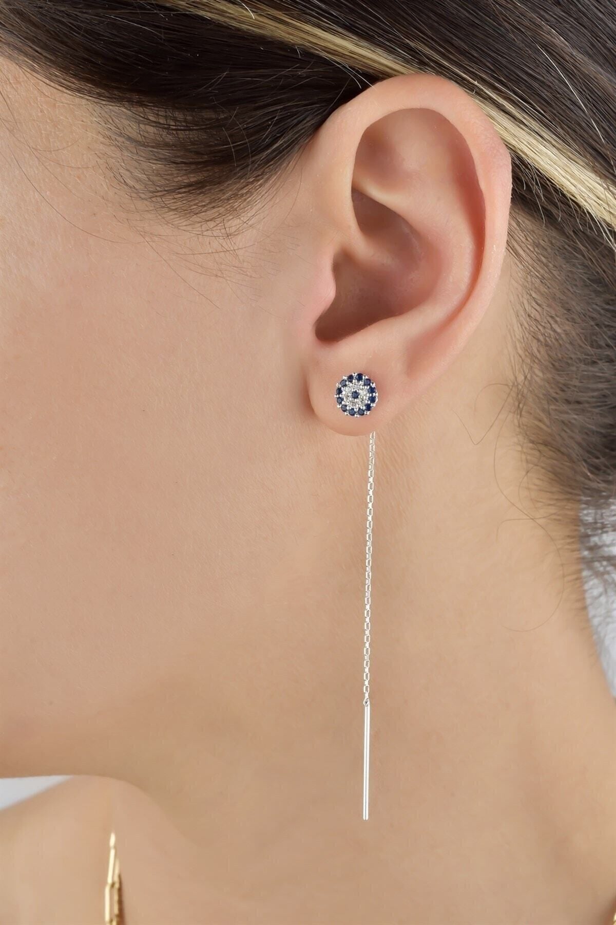 Gümüş 925 Ayar 7 Mm Safir Taşlı Nazar Sallantı Küpe