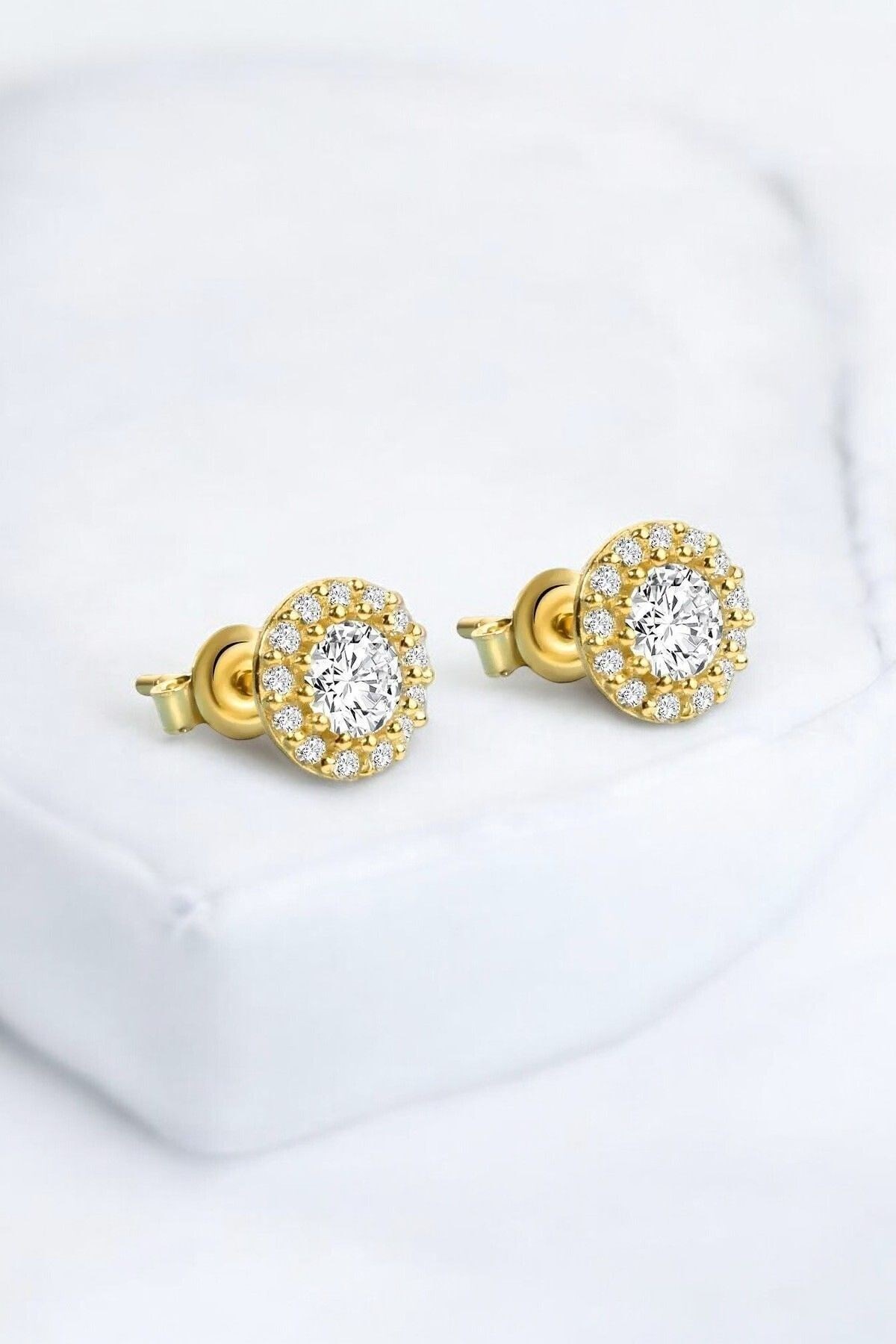 Gümüş 925 Ayar 7 Mm Zirkon Taşlı Yuvarlak Gold Küpe