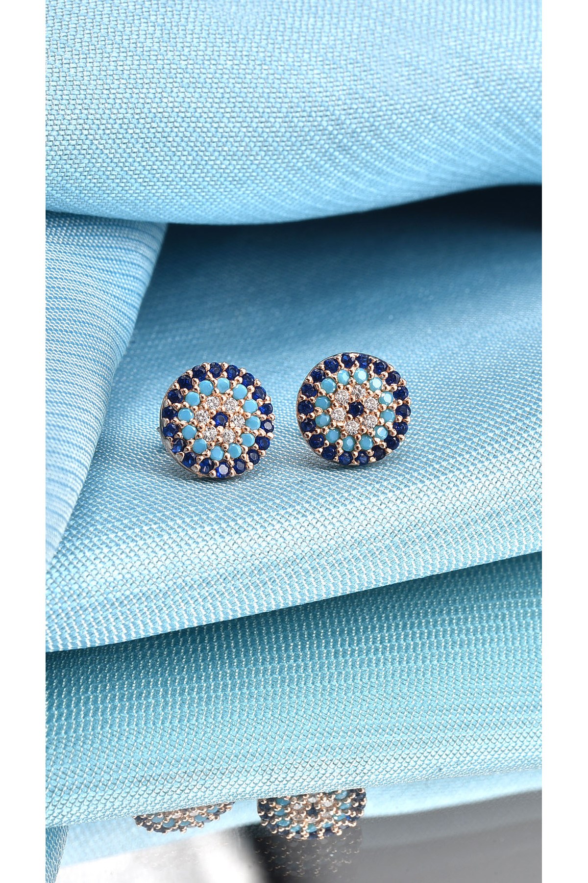 Gümüş 925 Ayar 8 Mm Nazar Boncuğu Zirkon Taşlı Çivili Rose Renkli Küpe