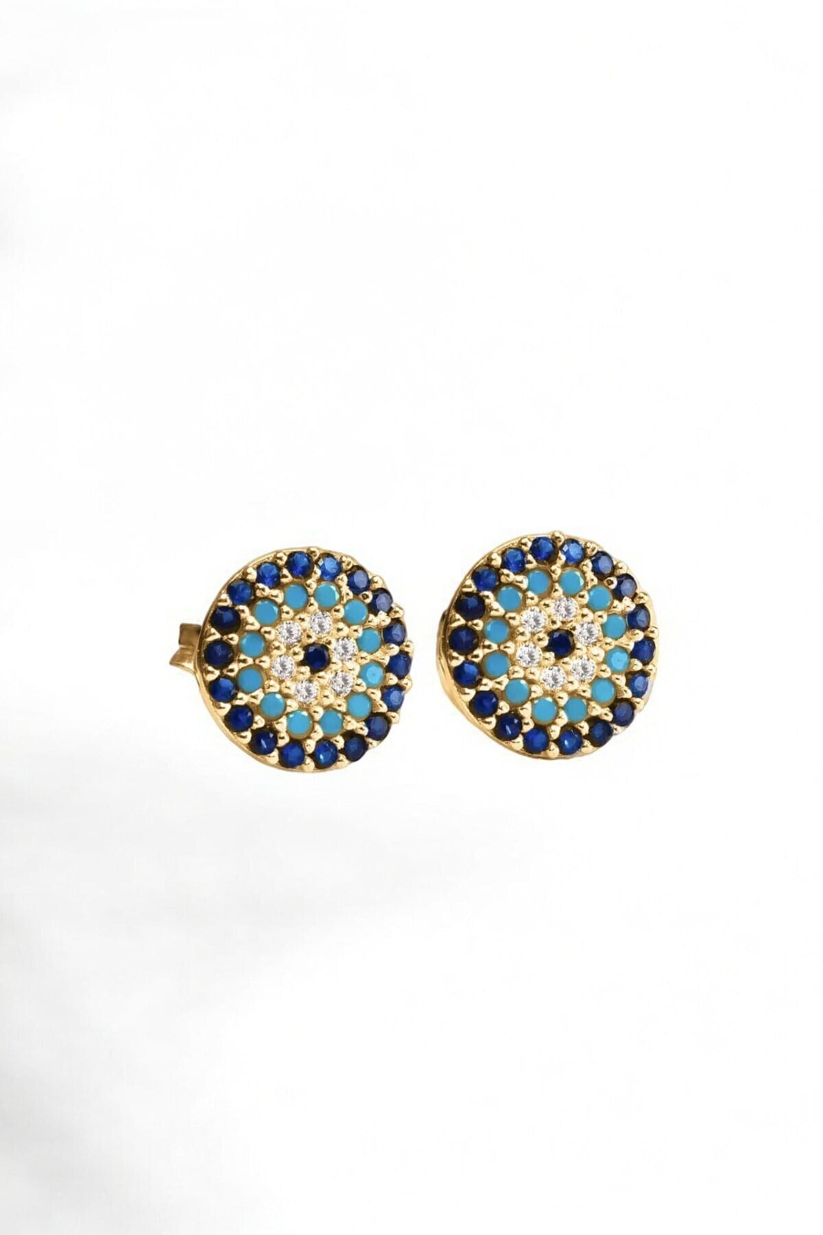 Gümüş 925 Ayar 8 Mm Nazar Boncuğu Zirkon Taşlı Çivili Gold Renkli Küpe