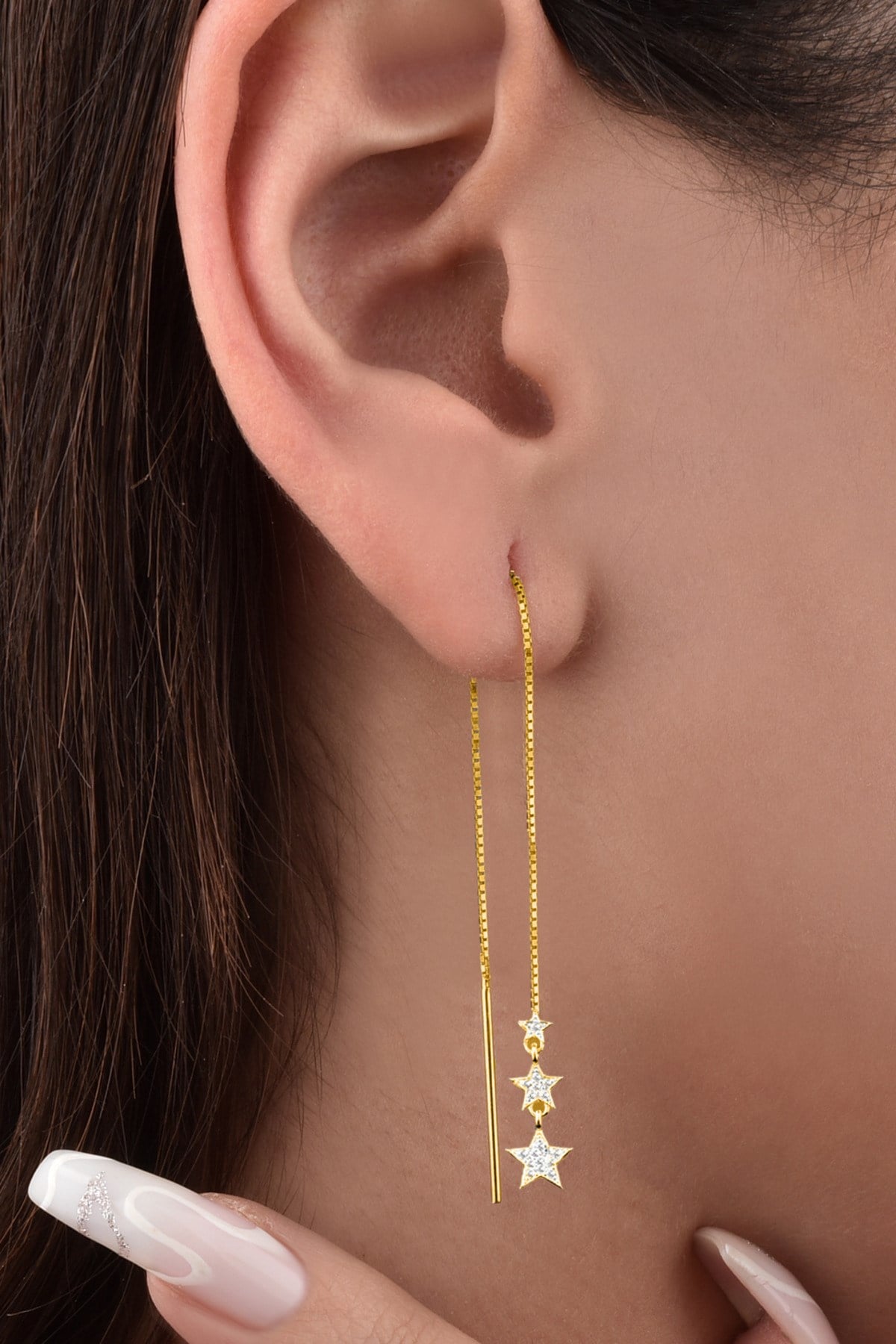 Gümüş 925 Ayar Asansör Model Süzme Yıldız Gold Küpe