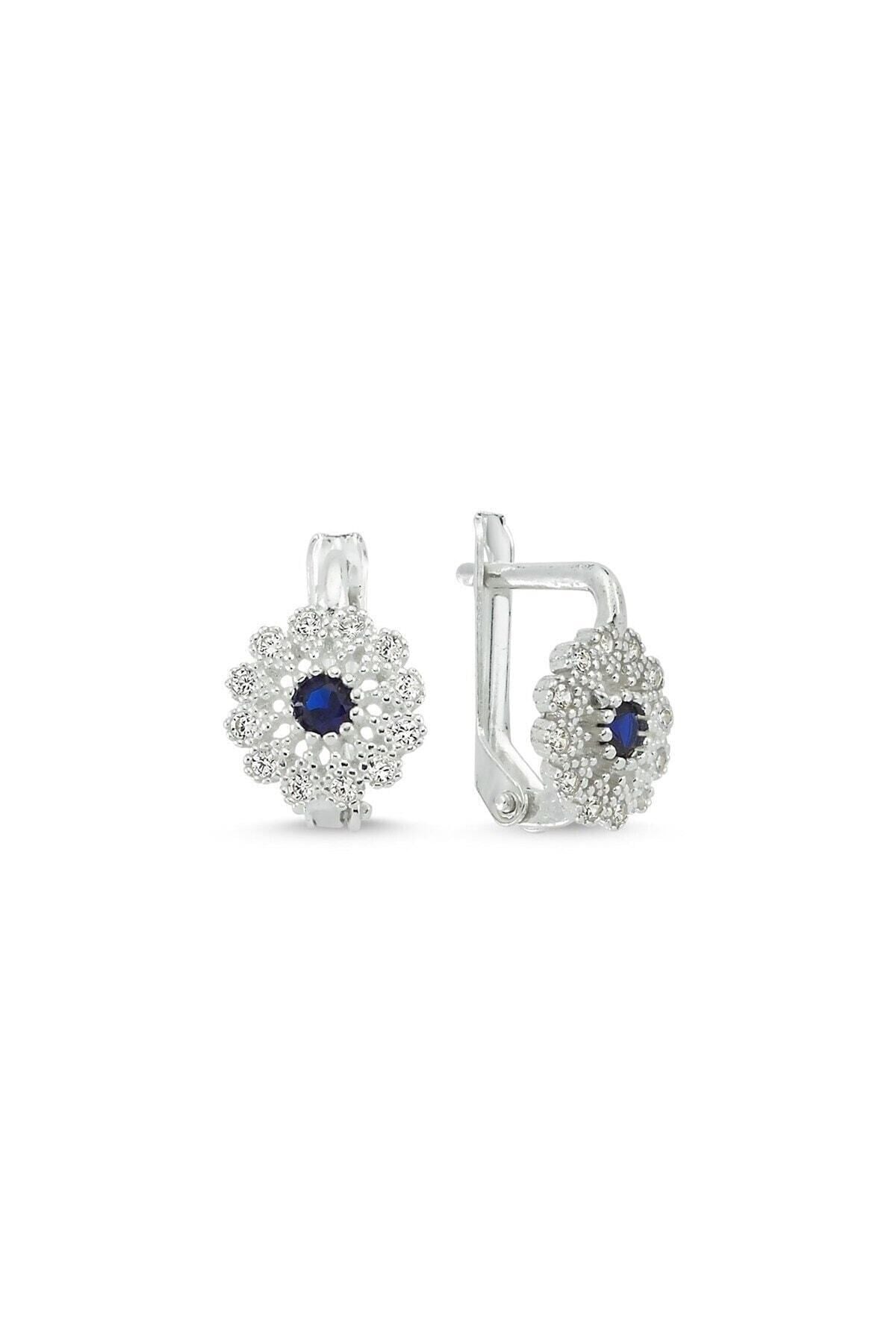 Gümüş 925 Ayar Çiçek Tasarımlı Safir Taşlı Küpe