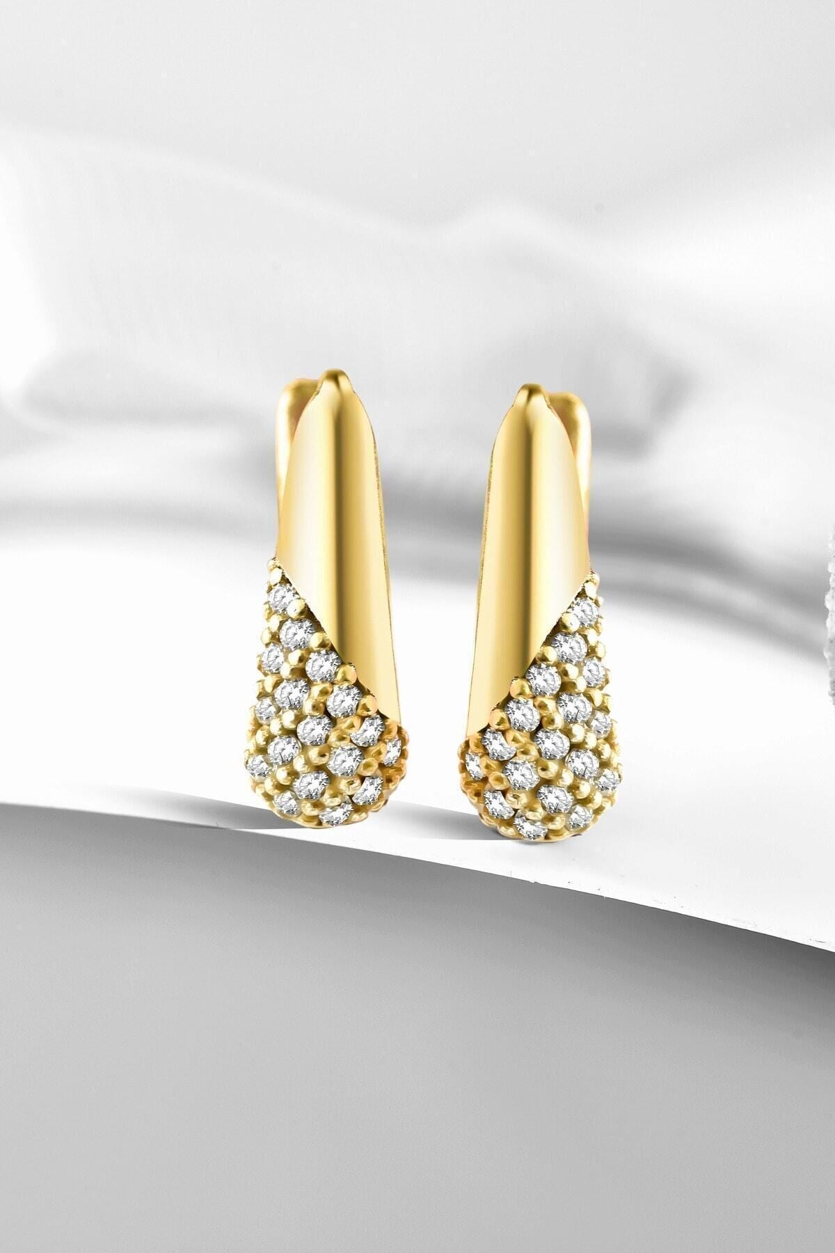 Gümüş 925 Ayar Damla Zirkon Taşlı Gold Küpe