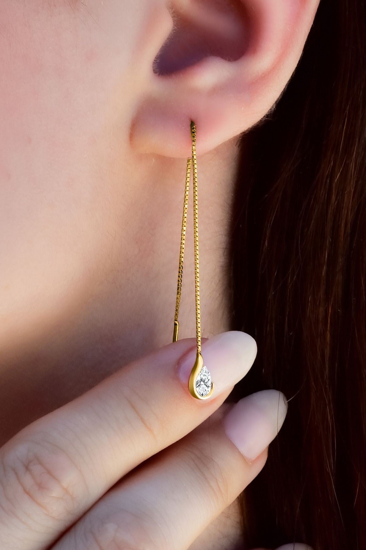Gümüş 925 Ayar Damla Zirkon Taşlı Zincirli Model Gold Küpe