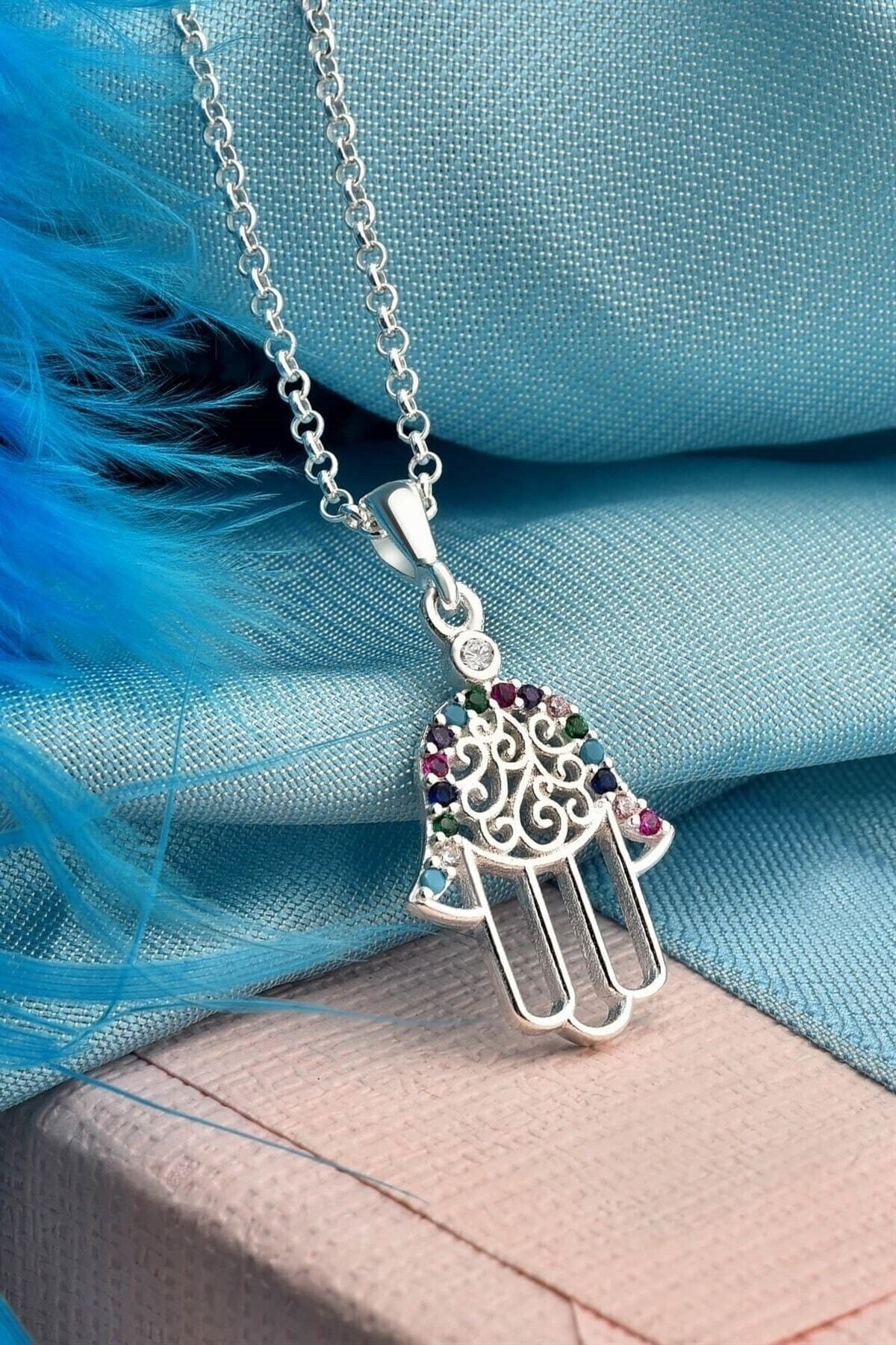 Gümüş 925 Ayar Fatıma Eli Model Mix Renkli Taşlı Kolye