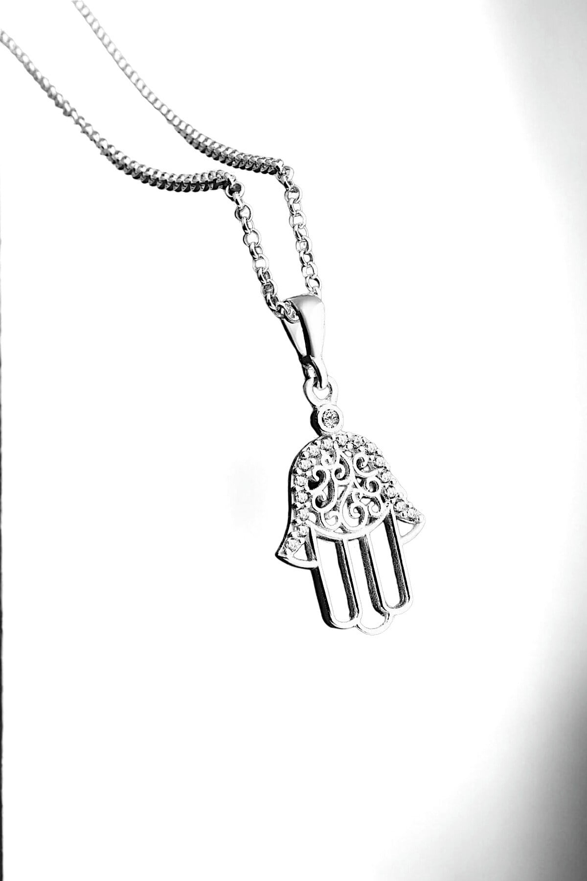 Gümüş 925 Ayar Fatıma Eli Model Taşlı Gümüş Kolye