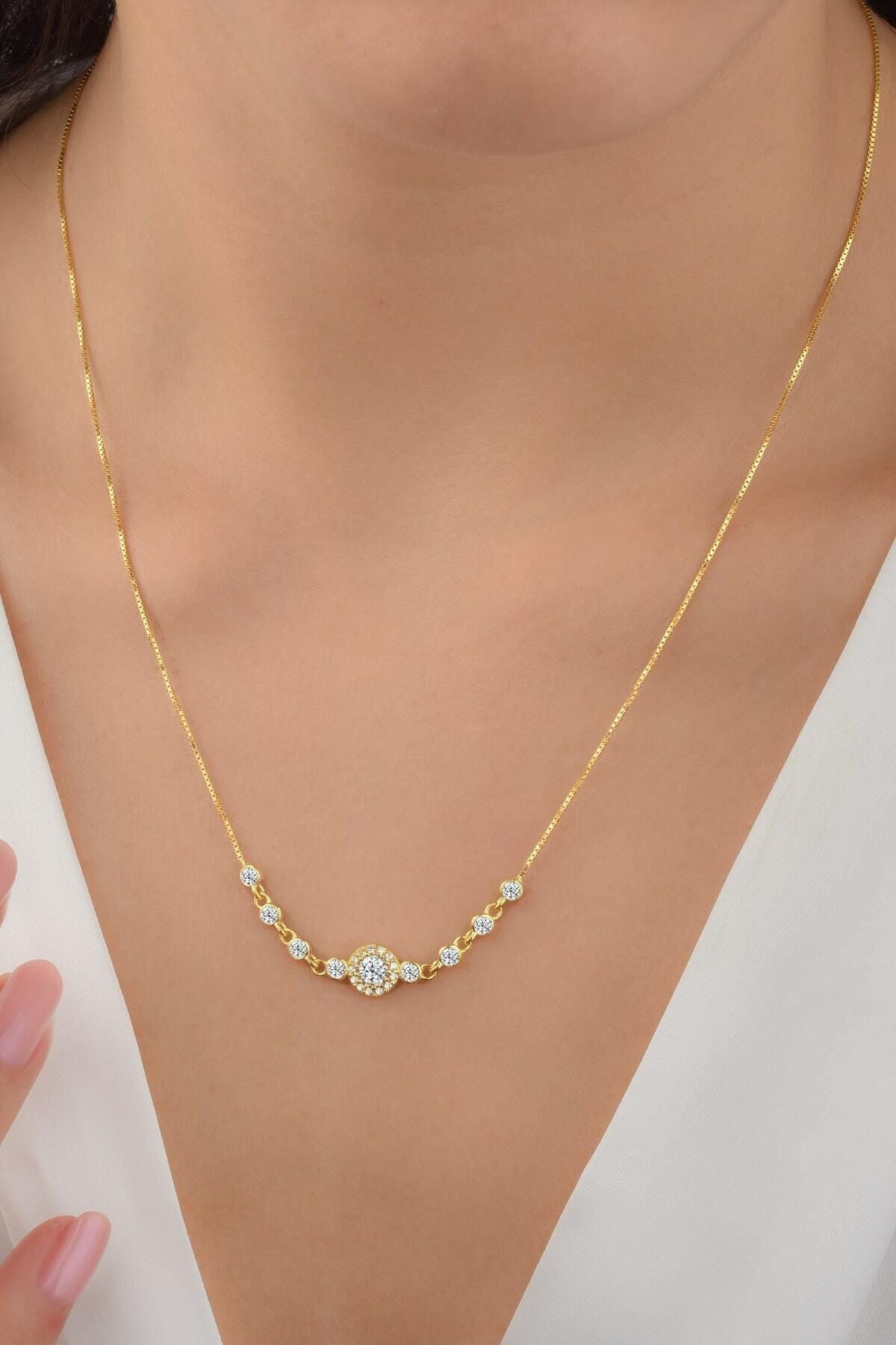 Gümüş 925 Ayar Göbek Zirkon Taşlı Gold Kolye