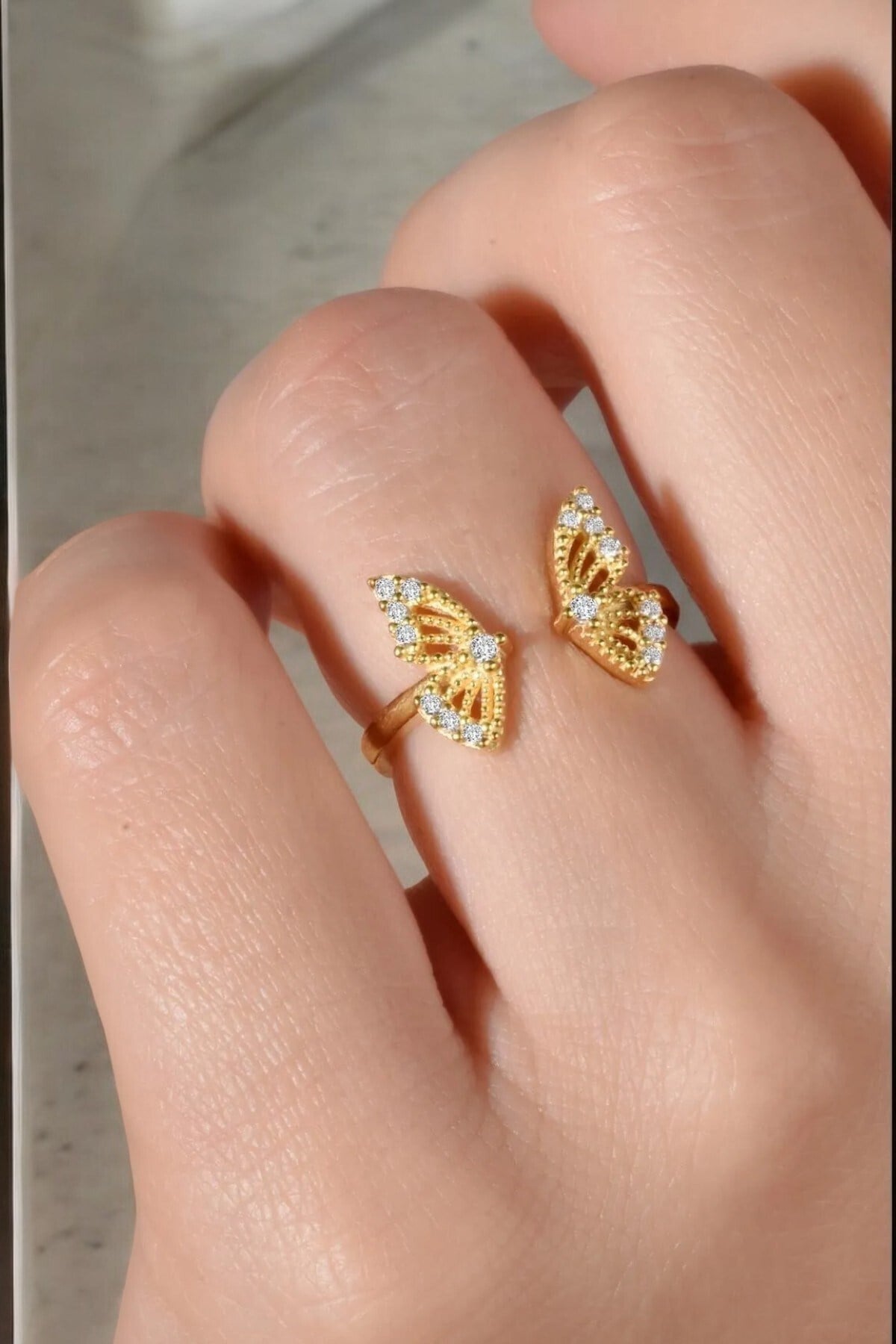 Gümüş 925 Ayar Kelebek Model Ayarlanabilir Gold Yüzük