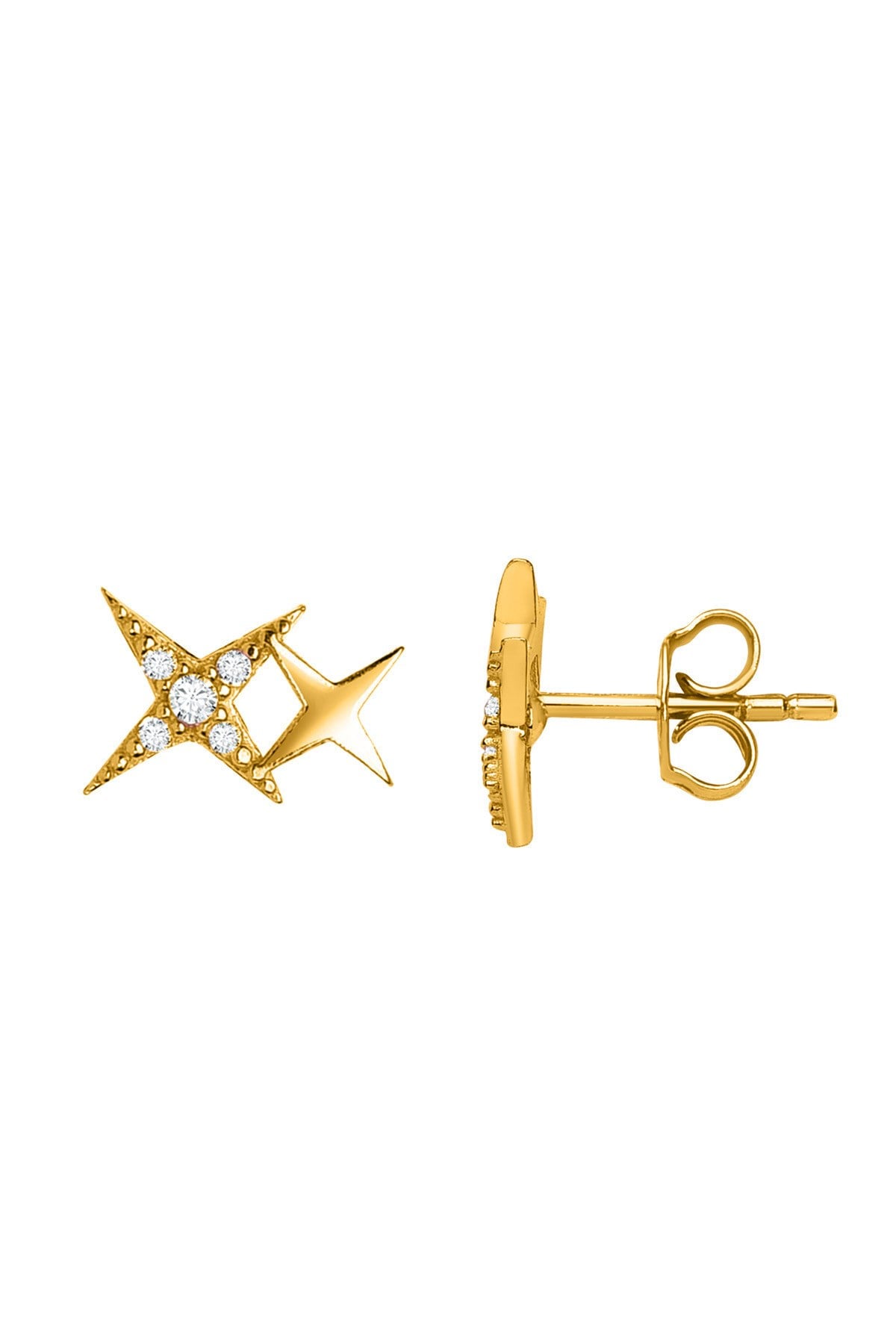 Gümüş 925 Ayar Minimal Çift Yıldız Zirkon Taşlı Çivili Gold Küpe