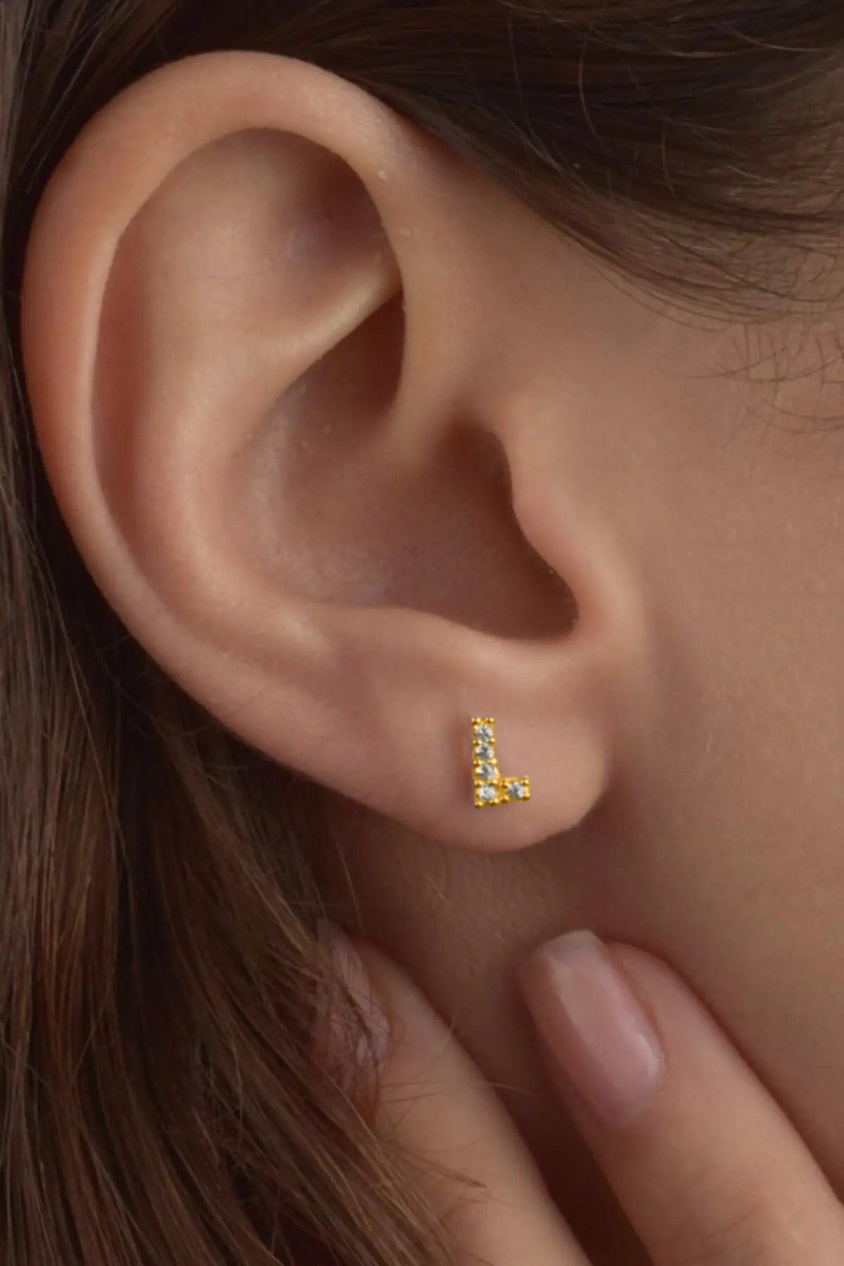 Gümüş 925 Ayar Minimalist Zirkon Taşlı L Harfli Tekli Gold Küpe