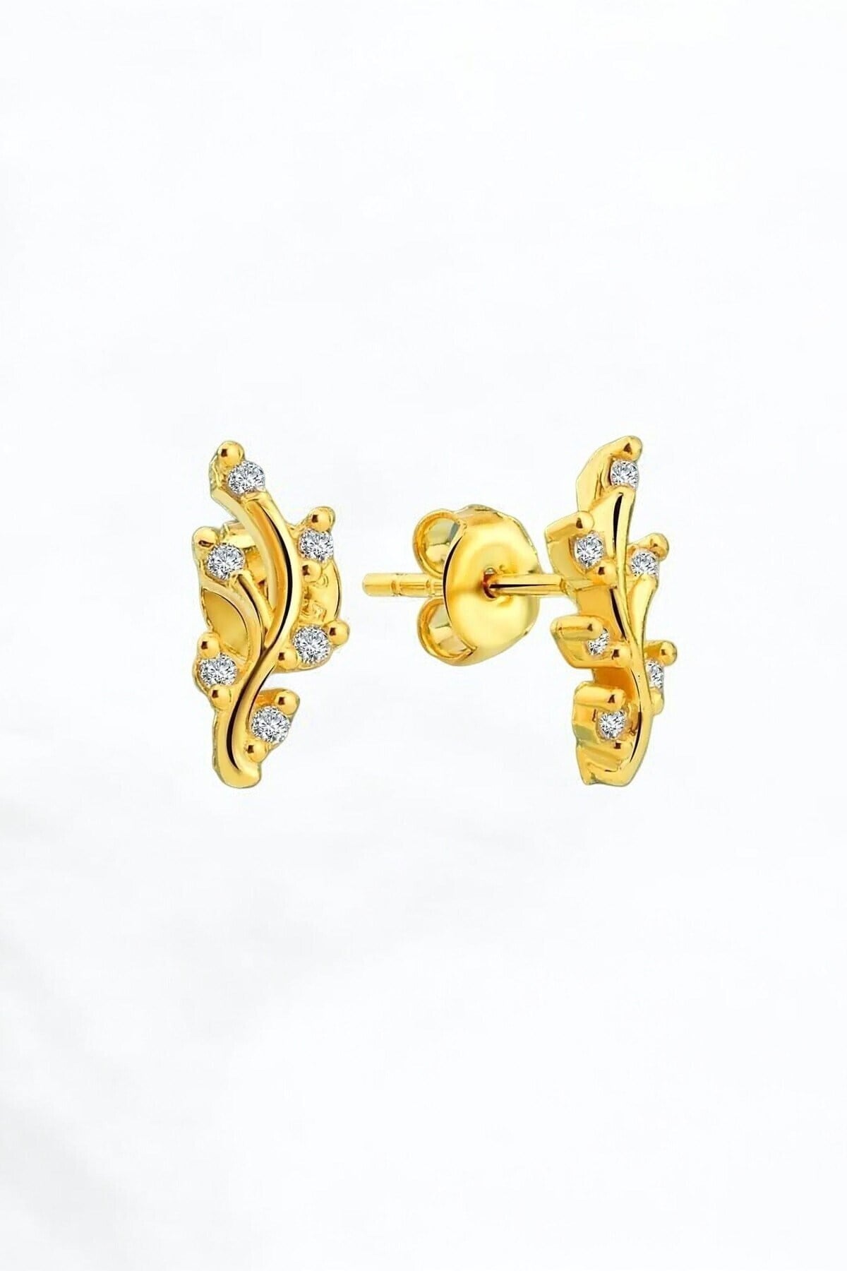 Gümüş 925 Ayar Minimalist Zirkon Taşlı Dal Model Çivili Gold Küpe