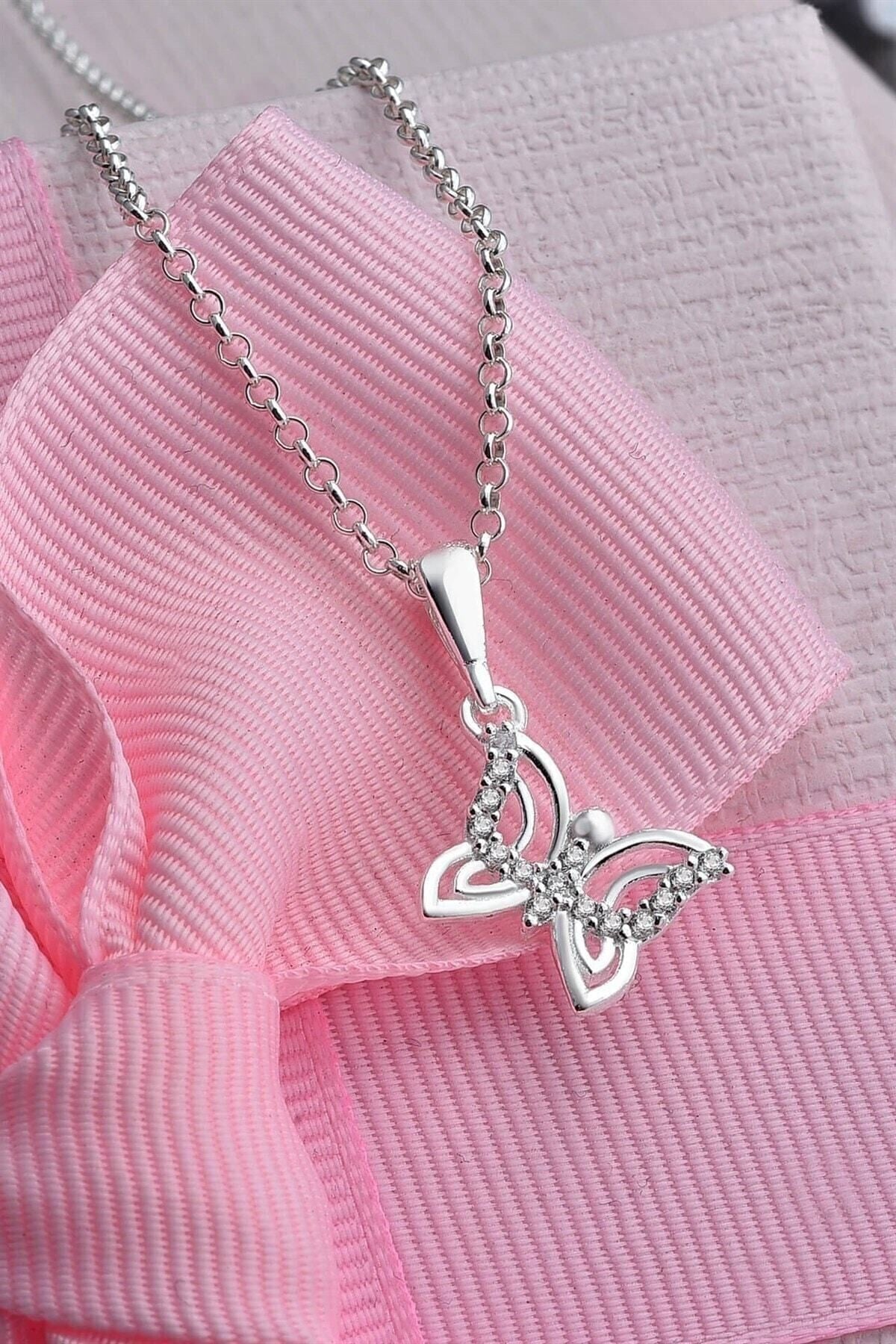 Gümüş 925 Ayar Mutluluk Kelebeği Model Taşlı Kolye