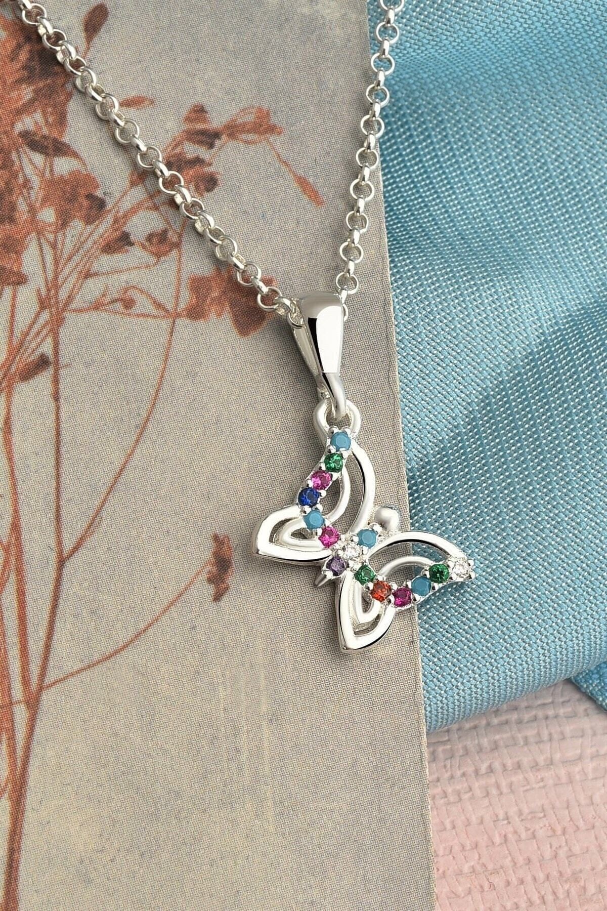 Gümüş 925 Ayar Mutluluk Kelebeği Model Renkli Taşlı Kolye