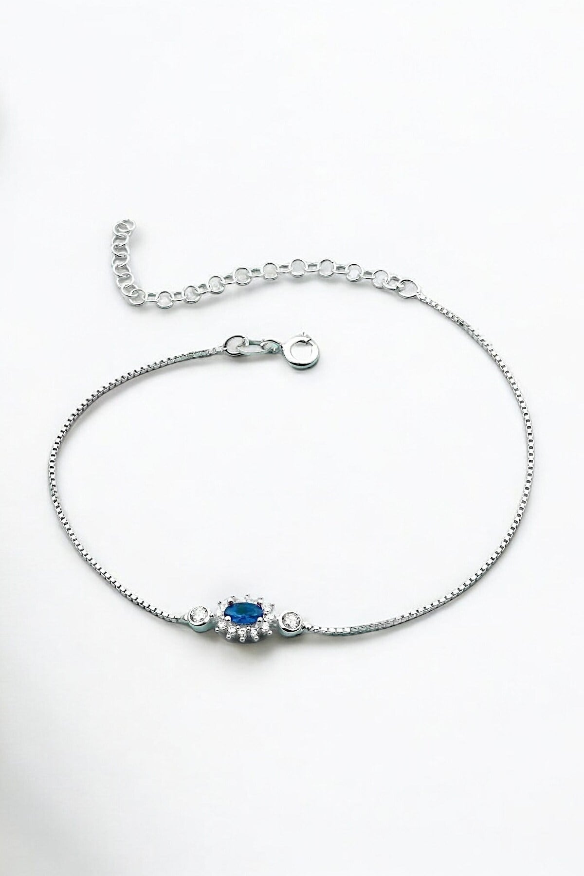 Gümüş 925 Ayar Oval Zirkon Safir Taşlı Ayarlanabilir Anturaj Bileklik
