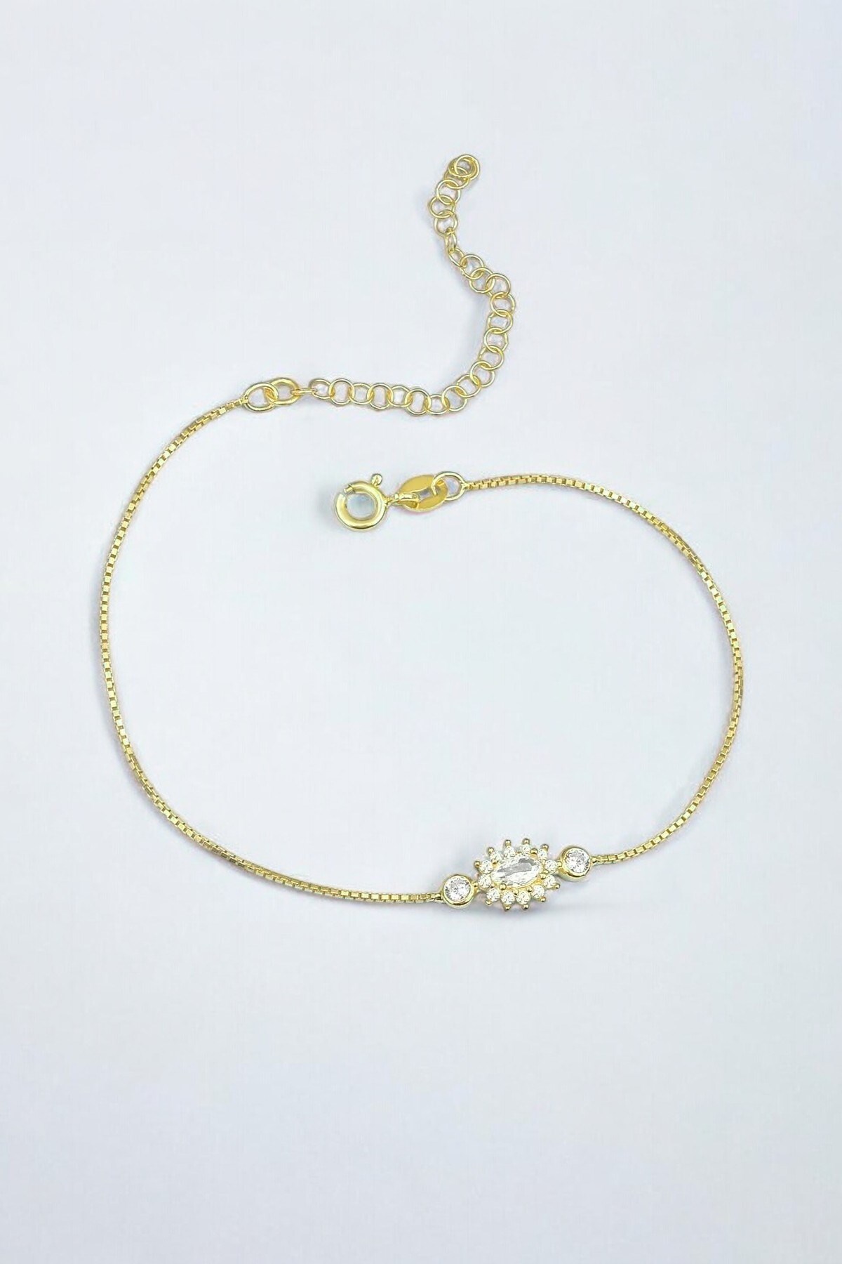 Gümüş 925 Ayar Oval Zirkon Safir Taşlı Ayarlanabilir Anturaj Gold Bileklik