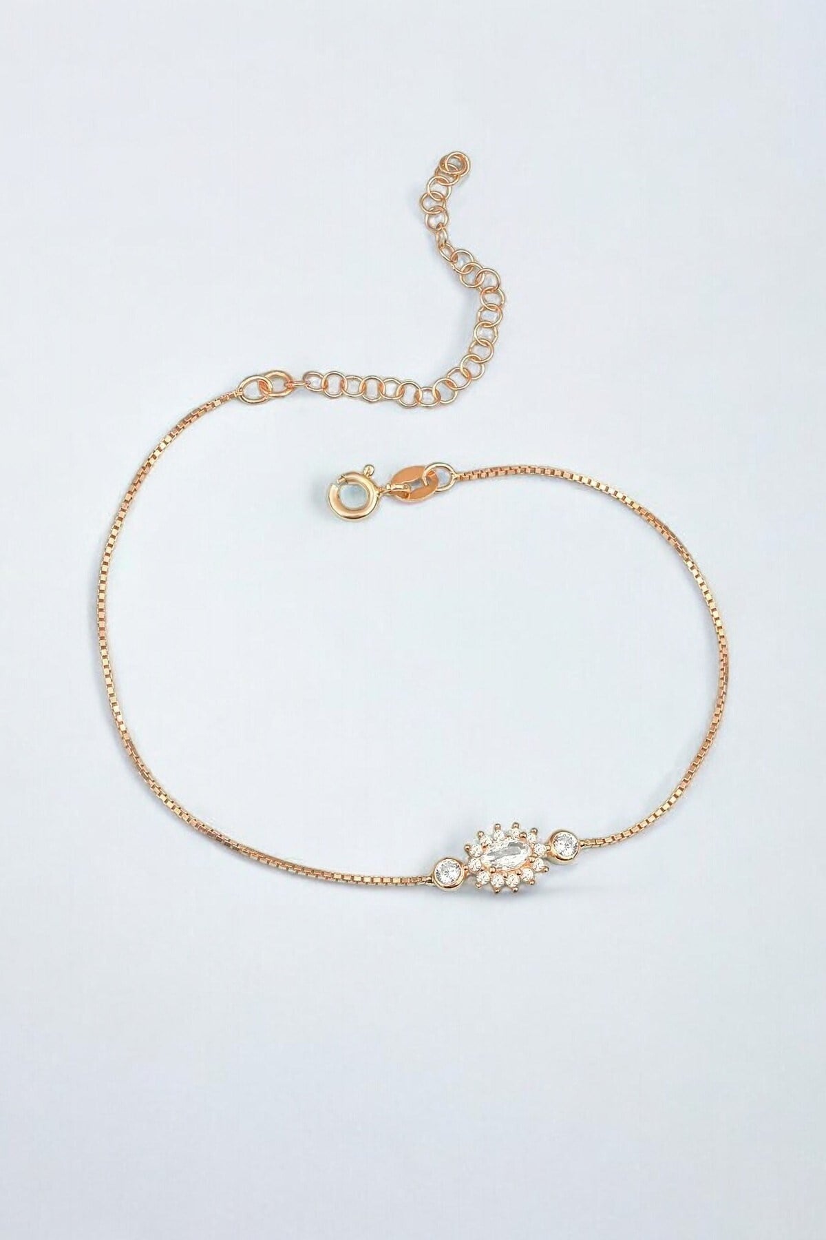 Gümüş 925 Ayar Oval Zirkon Safir Taşlı Ayarlanabilir Anturaj Rose Bileklik