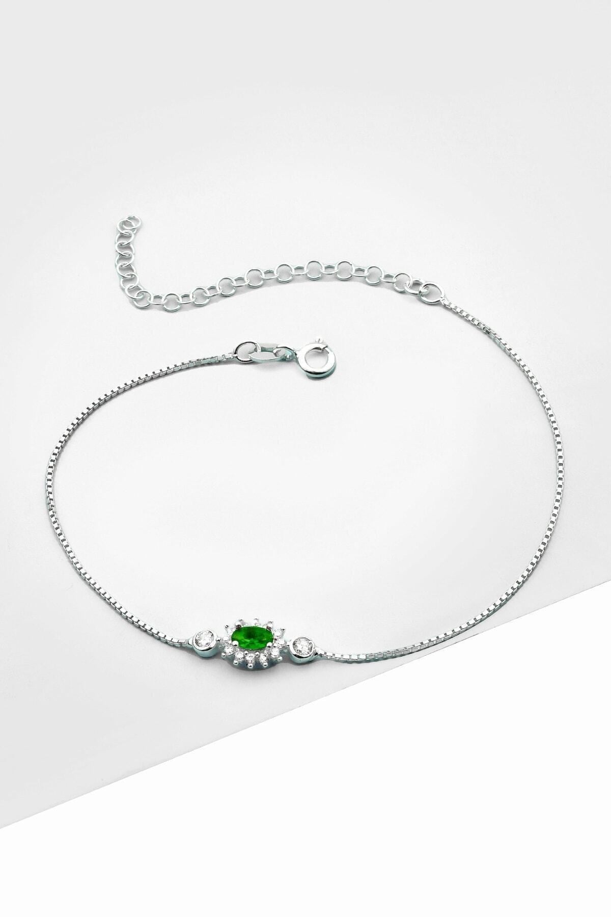 Gümüş 925 Ayar Oval Zirkon Zümrüt Taşlı Ayarlanabilir Anturaj Bileklik