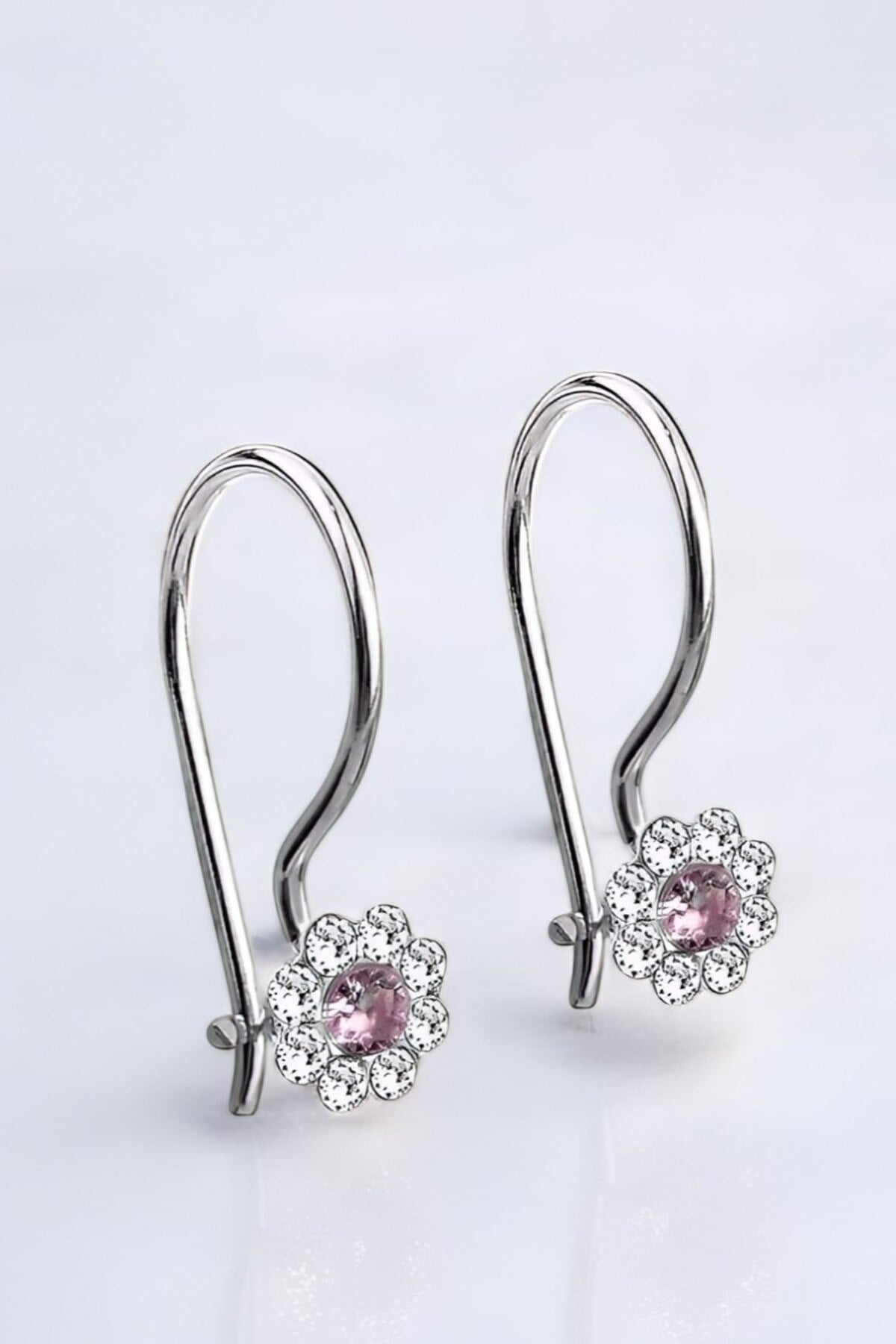 Gümüş 925 Ayar Papatya Model Zirkon Pembe Taşlı Çocuk Küpe