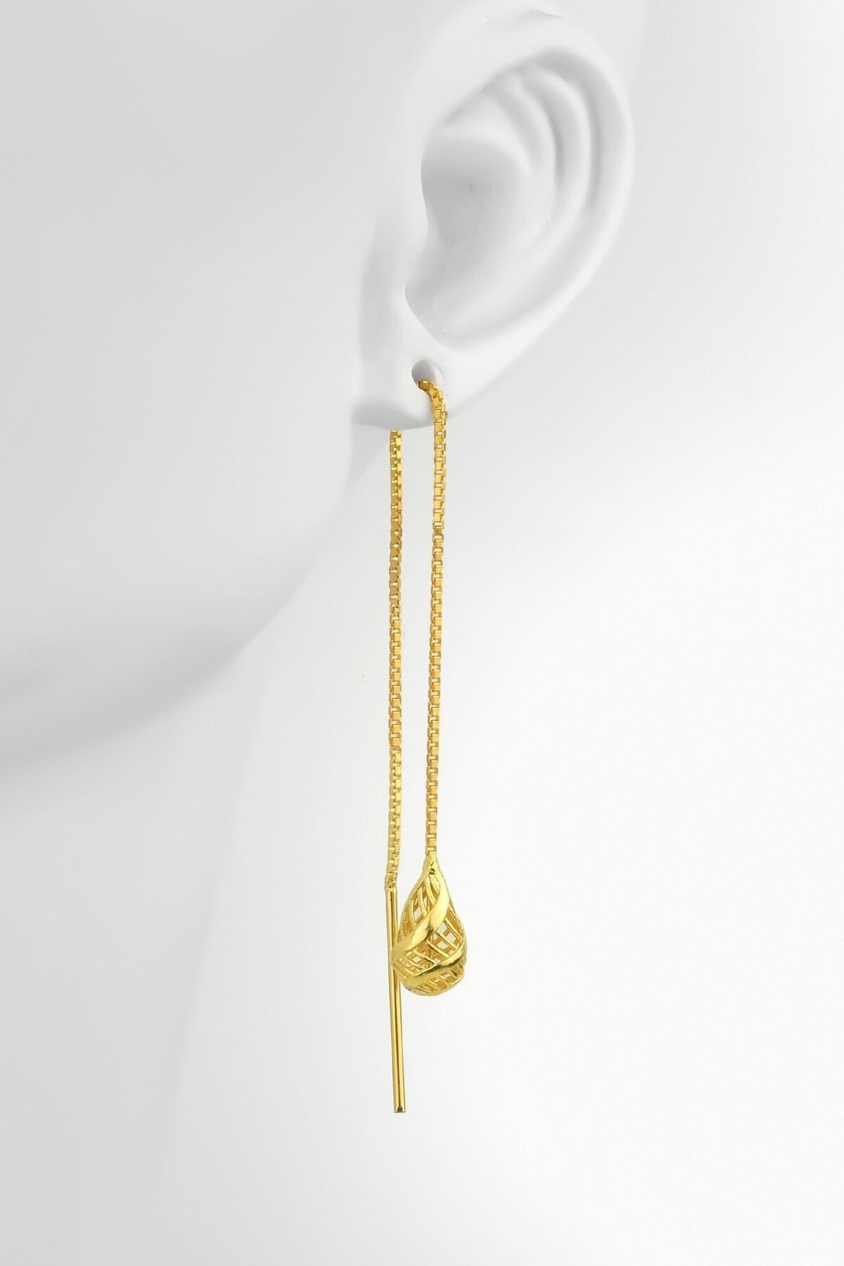 Gümüş 925 Ayar Pervane Model Füzyon Zincirli Gold Damla Tekli Küpe