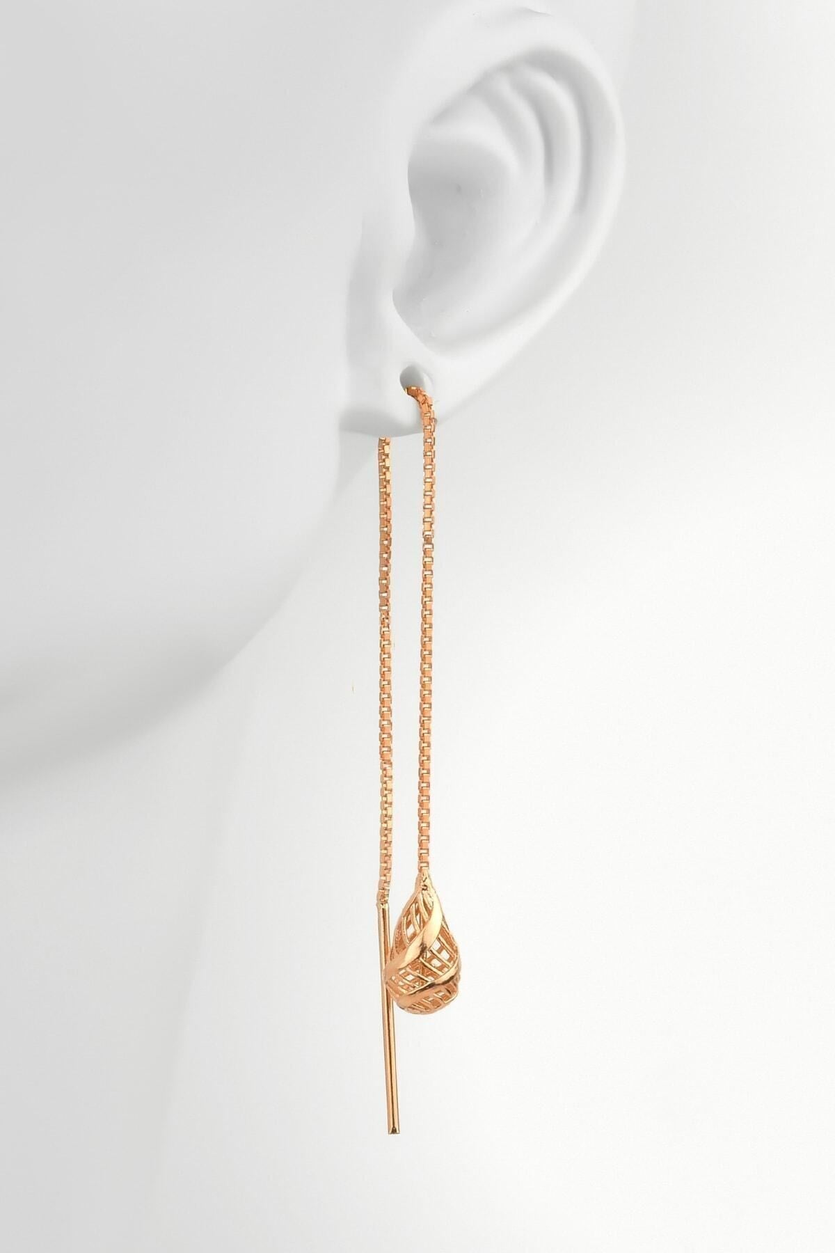 Gümüş 925 Ayar Pervane Model Füzyon Zincirli Rose Damla Tekli Küpe