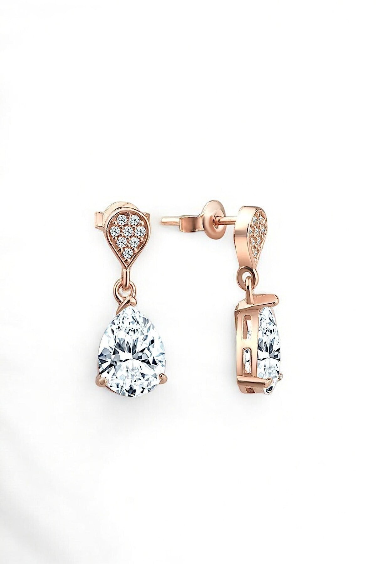 Gümüş 925 Ayar Rodyumlu Zirkon Taşlı Rose Pırlanta Montür Çivili Damla Küpe
