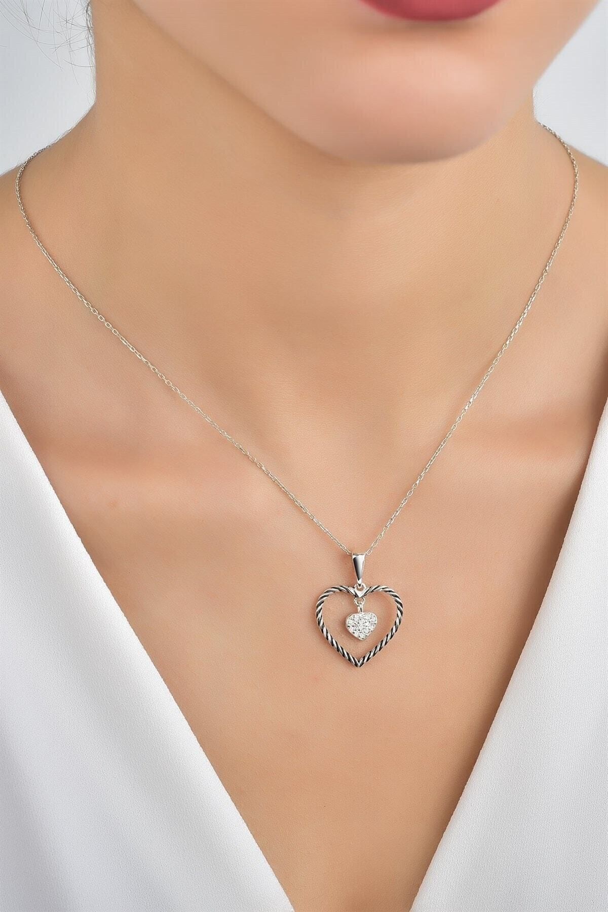Gümüş 925 Ayar Siyah Zirkon Taşlı Kalbimdesin Model Rose Renkli Kolye