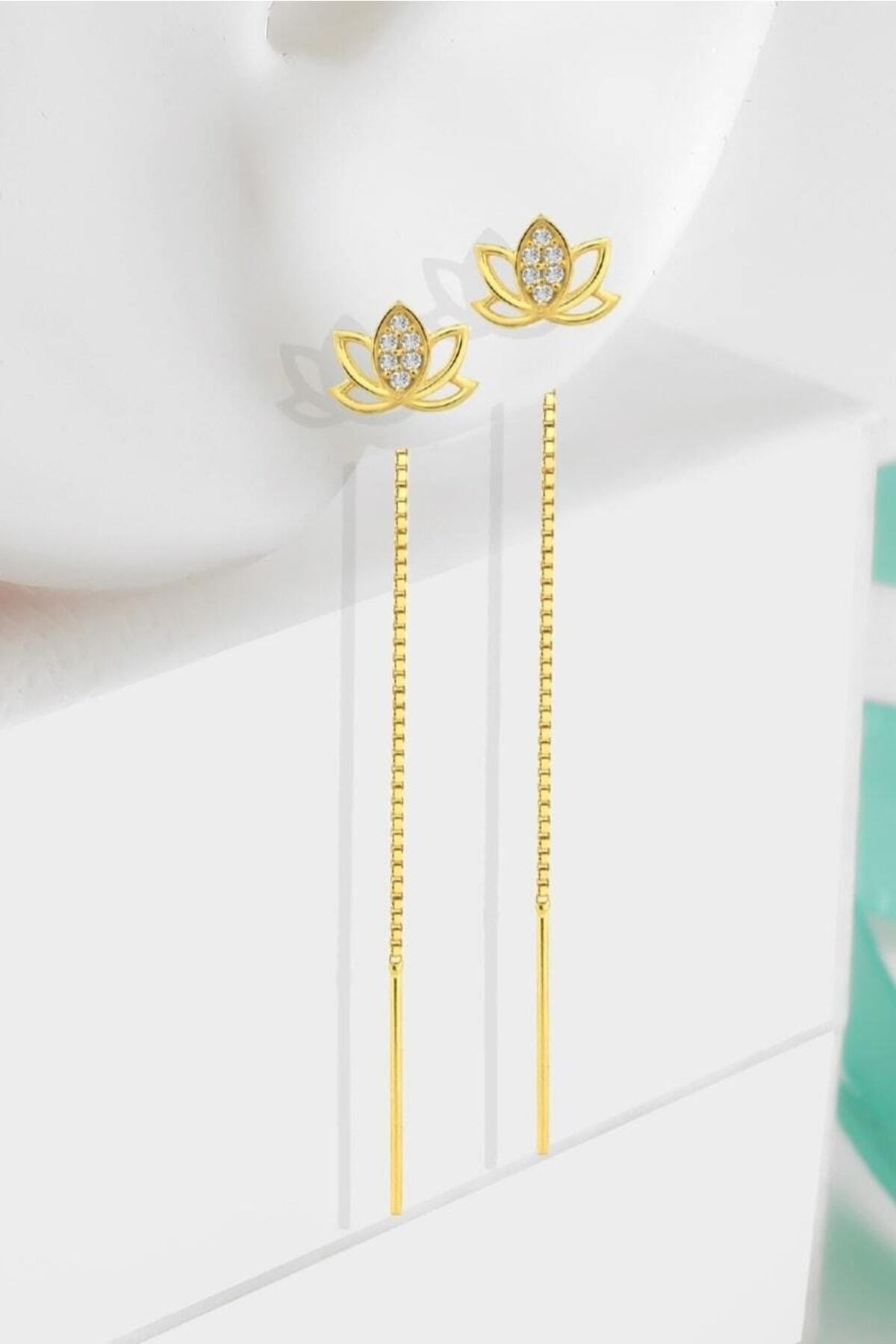 Gümüş 925 Ayar Taşlı Lotus Çiçeği Zincirli Gold Küpe