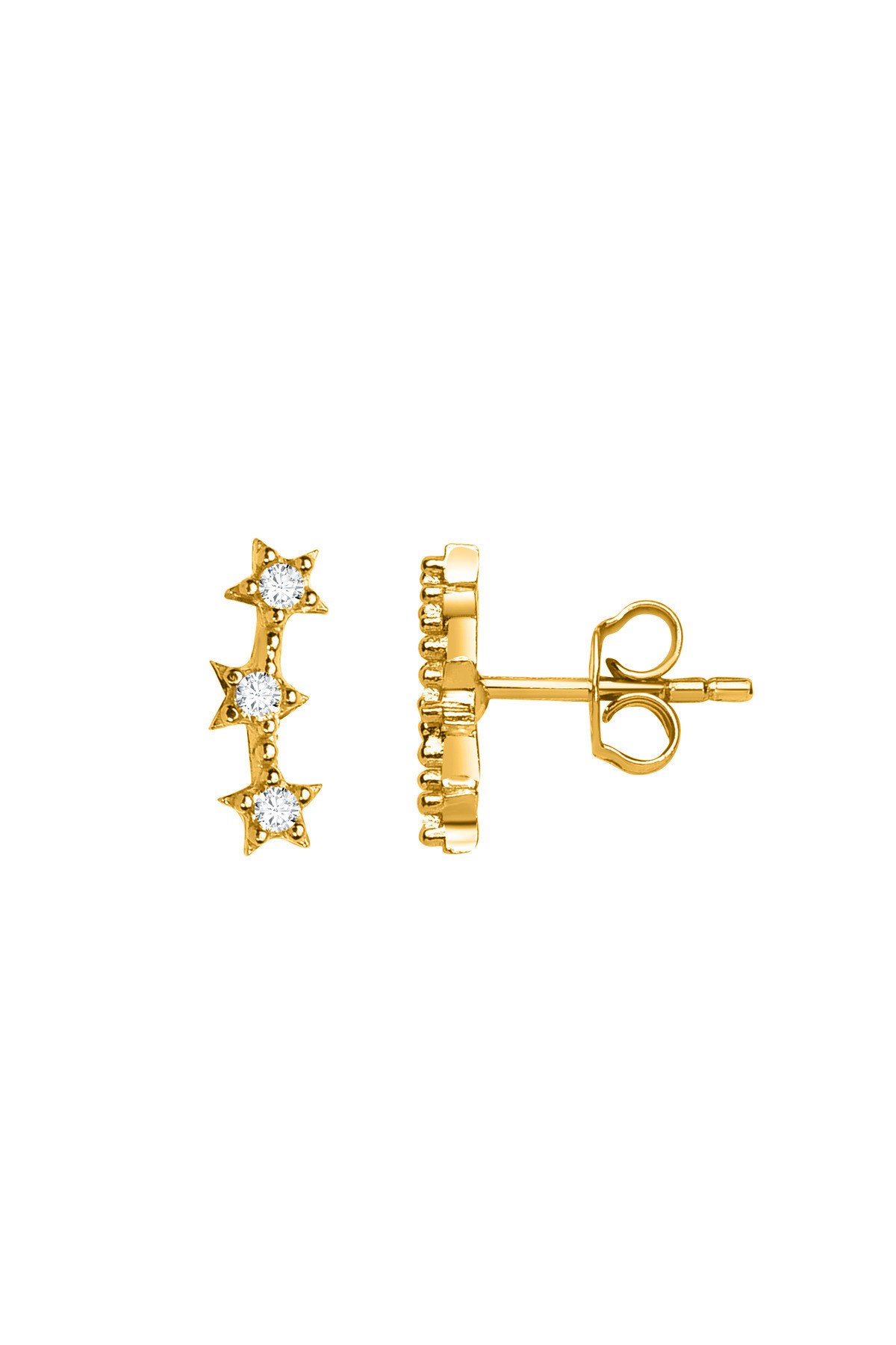 Gümüş 925 Ayar Triple Star Zirkon Taşlı Çivili Gold Küpe
