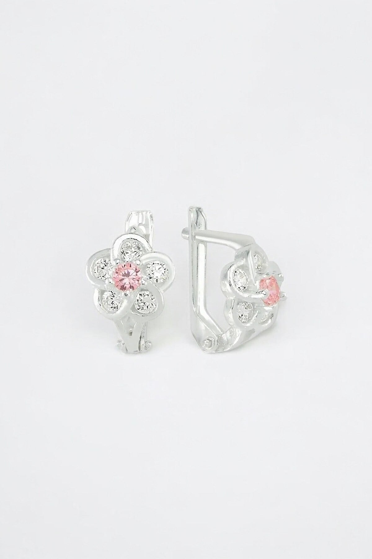 Gümüş 925 Ayar Yonca Desenli Pembe Taşlı Çocuk Küpe