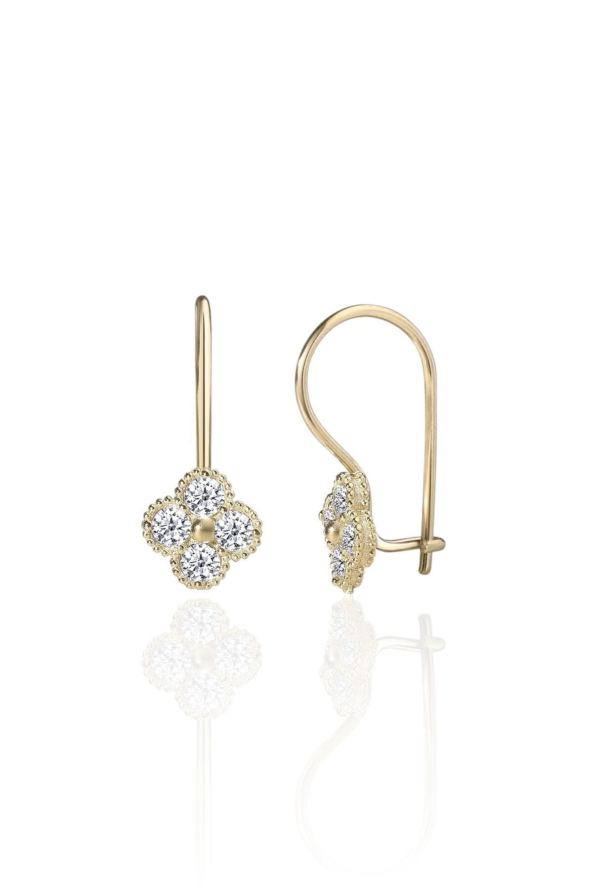 Gümüş 925 Ayar Yonca Zirkon Taşlı Gold  Küpe