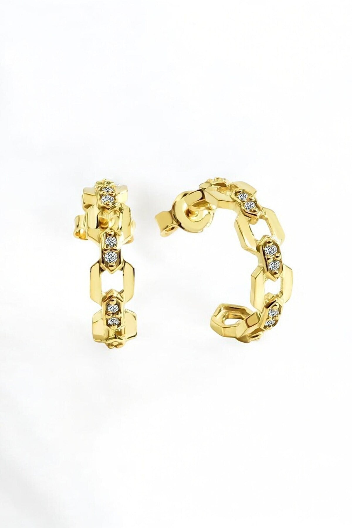 Gümüş 925 Ayar Zincir Model Zirkon Taşlı 1,5 Cm Çivili Halka Gold Küpe