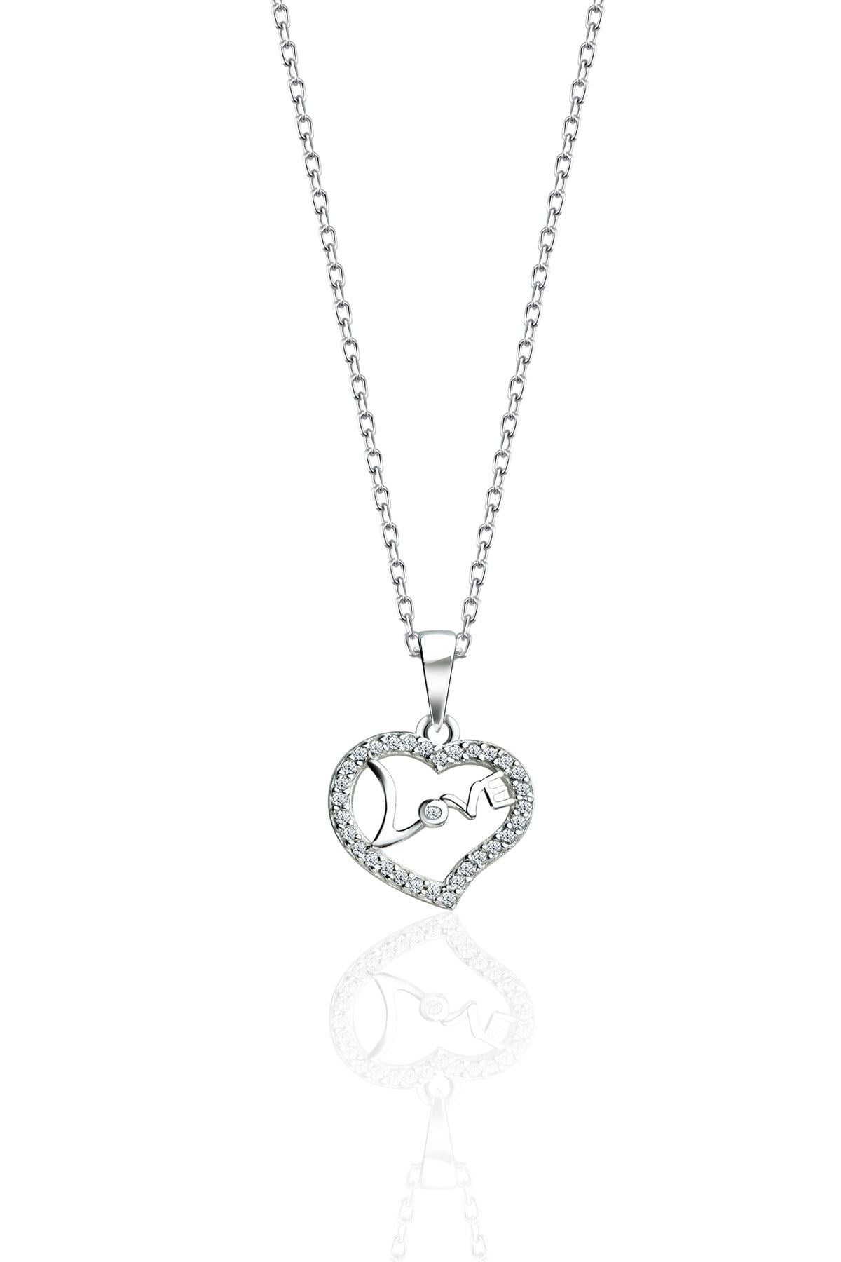 Gümüş 925 Ayar Zirkon Taş Love Kalp Model Kolye